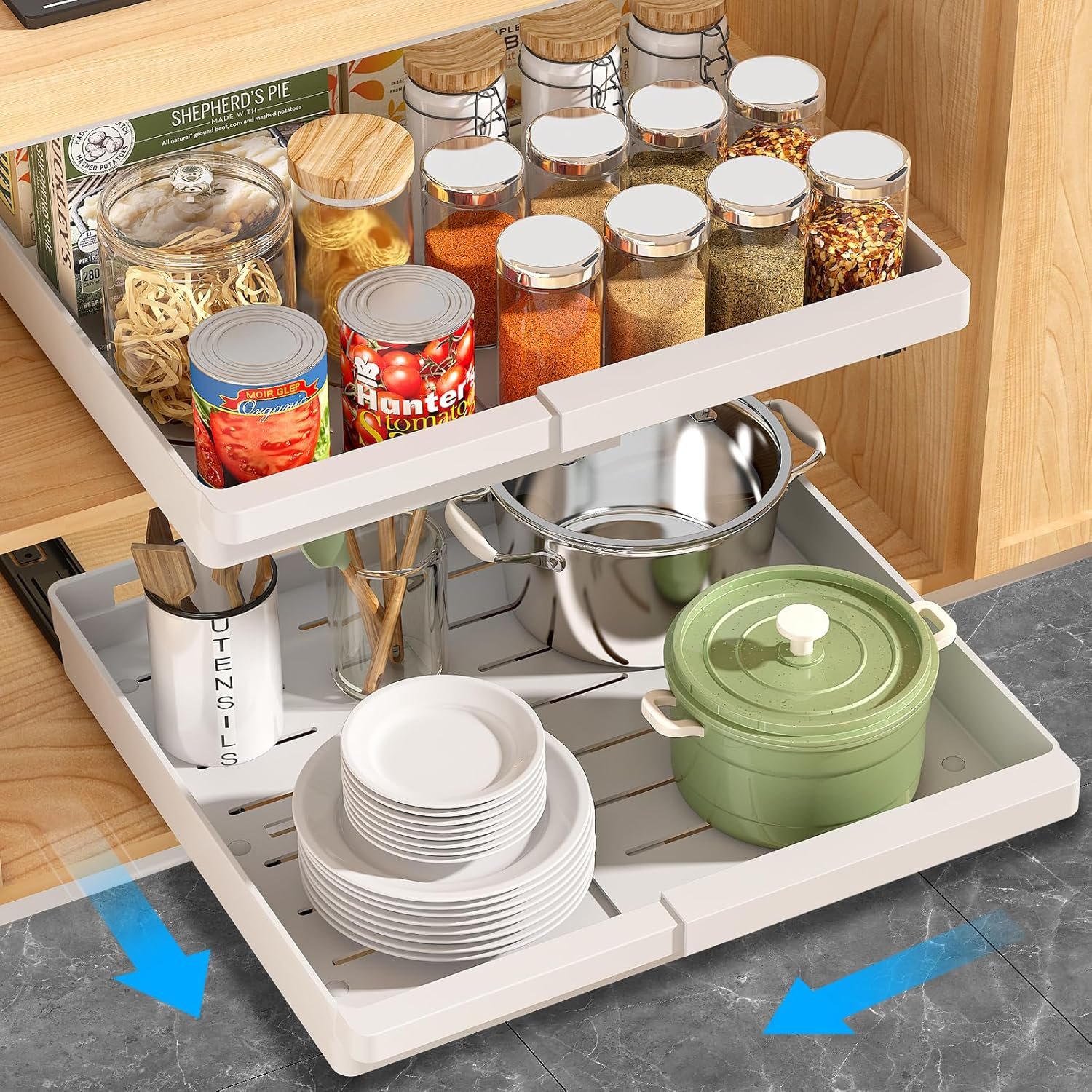 DOMNIU Pull Out Cabinet Organizers Expandable,White,16.9″Depth,2 Pack | Plastic Slide Out Drawers for Kitchen, Bathroom, Pantry, Under Sink Storage, Fixed with Adhesive Nano Film (11.6”-17.5”)