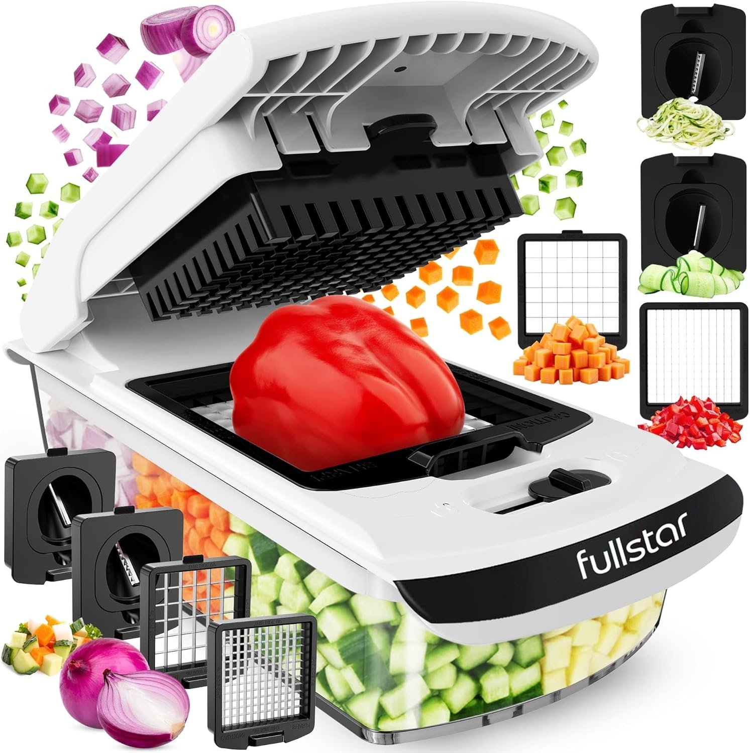 Fullstar Pro Original Vegetable Chopper & Spiralizer, Kitchen Prep Tool | 4 in 1 Veggie Slicer, Onion & Fruit Cutter with Sharp Stainless Steel Blades & Container, All-in-One Food Prep Tool (White)