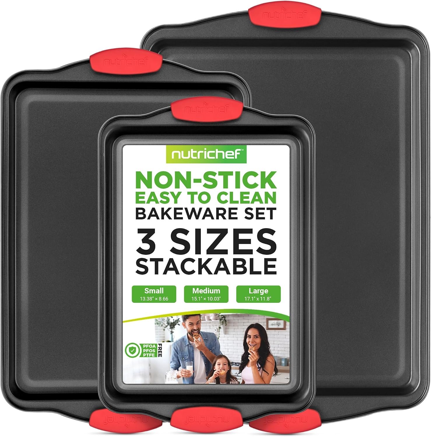 NutriChef 3‑Piece Nonstick Cookie Sheets – Carbon Steel Baking Sheet Set with Non Stick Coating & Red Silicone Handles – Oven Pans for Family Baking