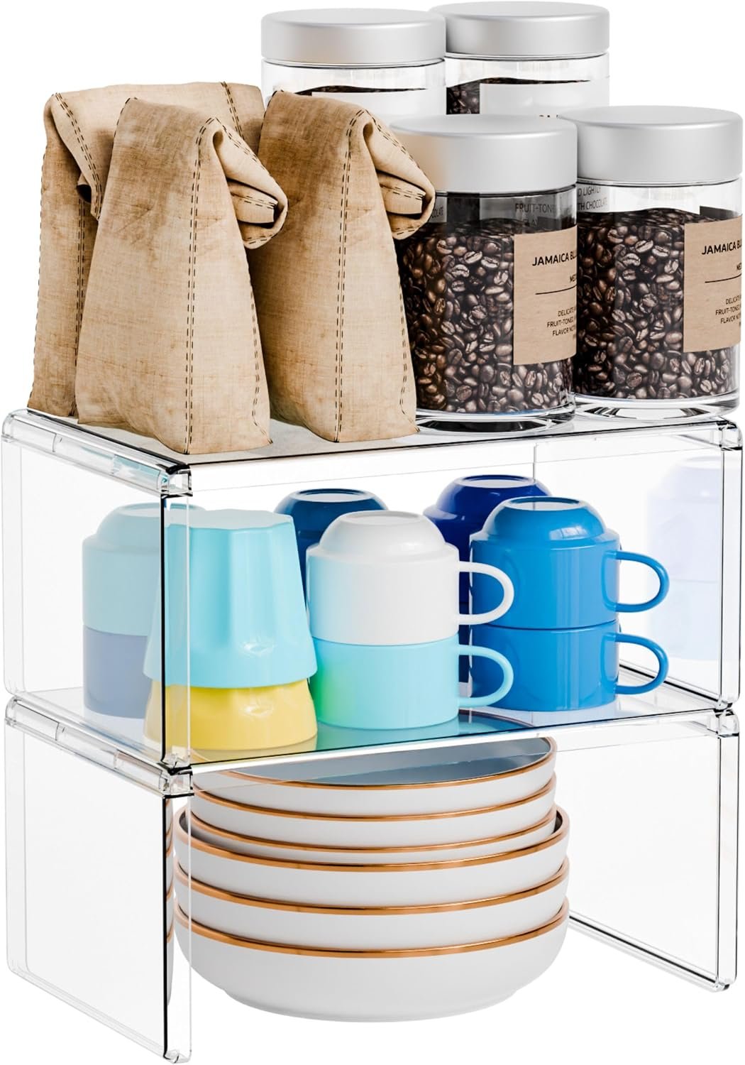 2 Pack Acrylic Cabinet Organizer,2 Tier Stackable Shelves for Cabinets,RV Pantry Organization,Counter Space Saver Desk Organizers,Cupboard Shelf and Cabinet Stand & Risers for Mug,Cup,Dish