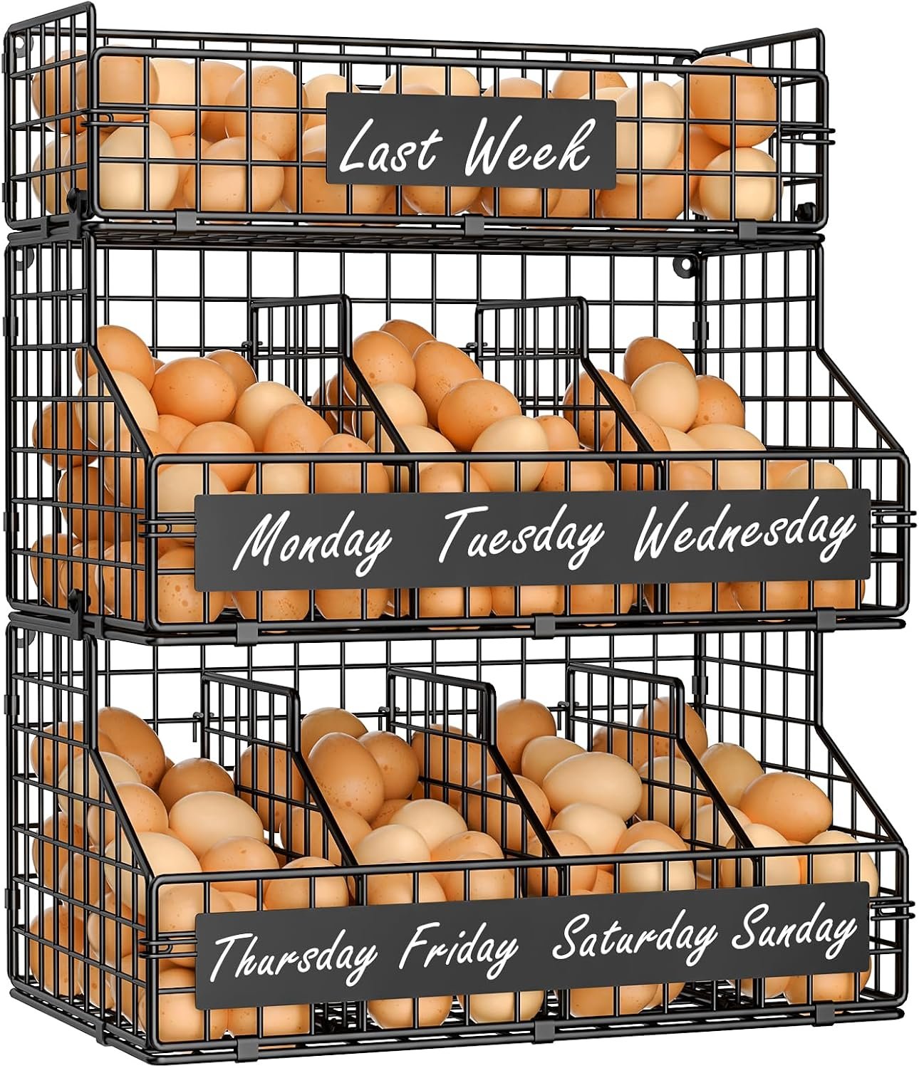 Egg Holder Countertop with 5 Dividers & DIY Nameplate to Separate Eggs | 3 Tier Stackable Wire Storage Baskets for Gathering Fresh Eggs, XXL Large Egg Rack, Wall-Mounted (Patent Pending)