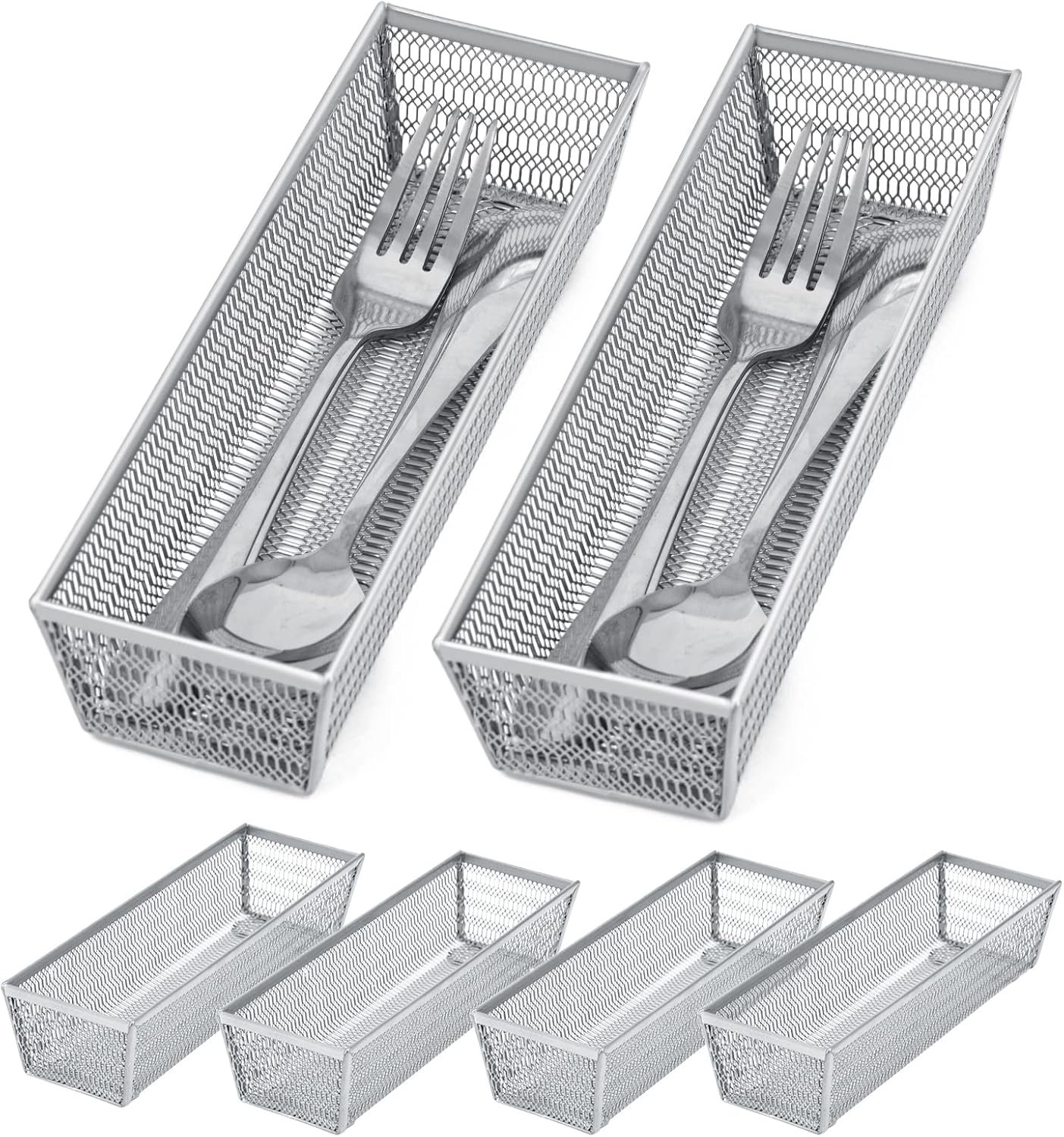 Neudeco Silverware Organizer, Silver, 9 * 3 * 2 inch, Pack 6 | Mesh Drawer Organizer, Metal Utensil Organizer, For Flatware, Knives, Spoons, Cosmetic