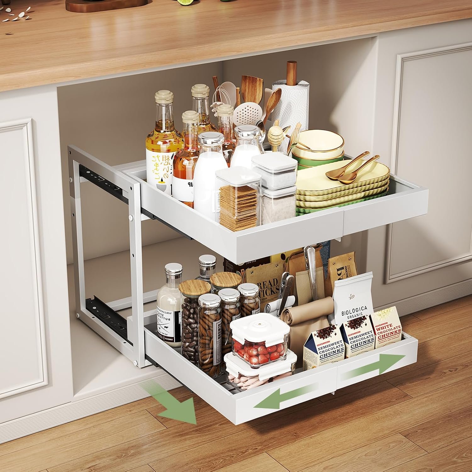 Abalter Expandable Pull Out Cabinet Organizer, 2-Tier Slide Out Drawer for Kitchen Cabinets, Adjustable Width 12–18.5″, Slide Out Shelves for Kitchen, Bathroom, Pantry, Heavy Duty Caddy(White)