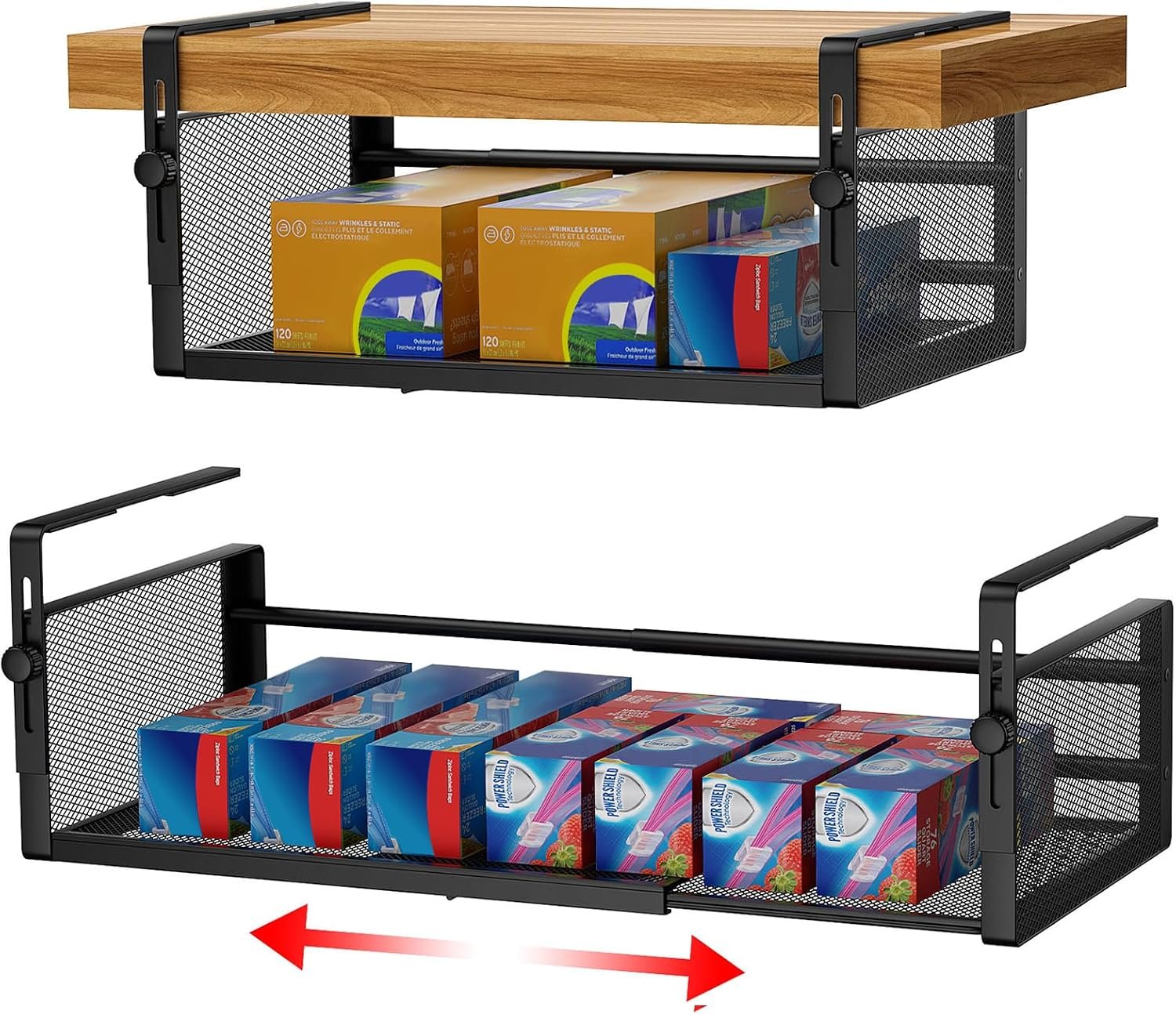 AmonHouseware 2Pack Expandable Under Shelf Storage Basket Organizer,Black | Adjustable Hanging,Length Stretchable14.9-22.6Inch,Under Cabinet Shelf for Laundry Room Kitchen Pantry Desk Counter Cupboard