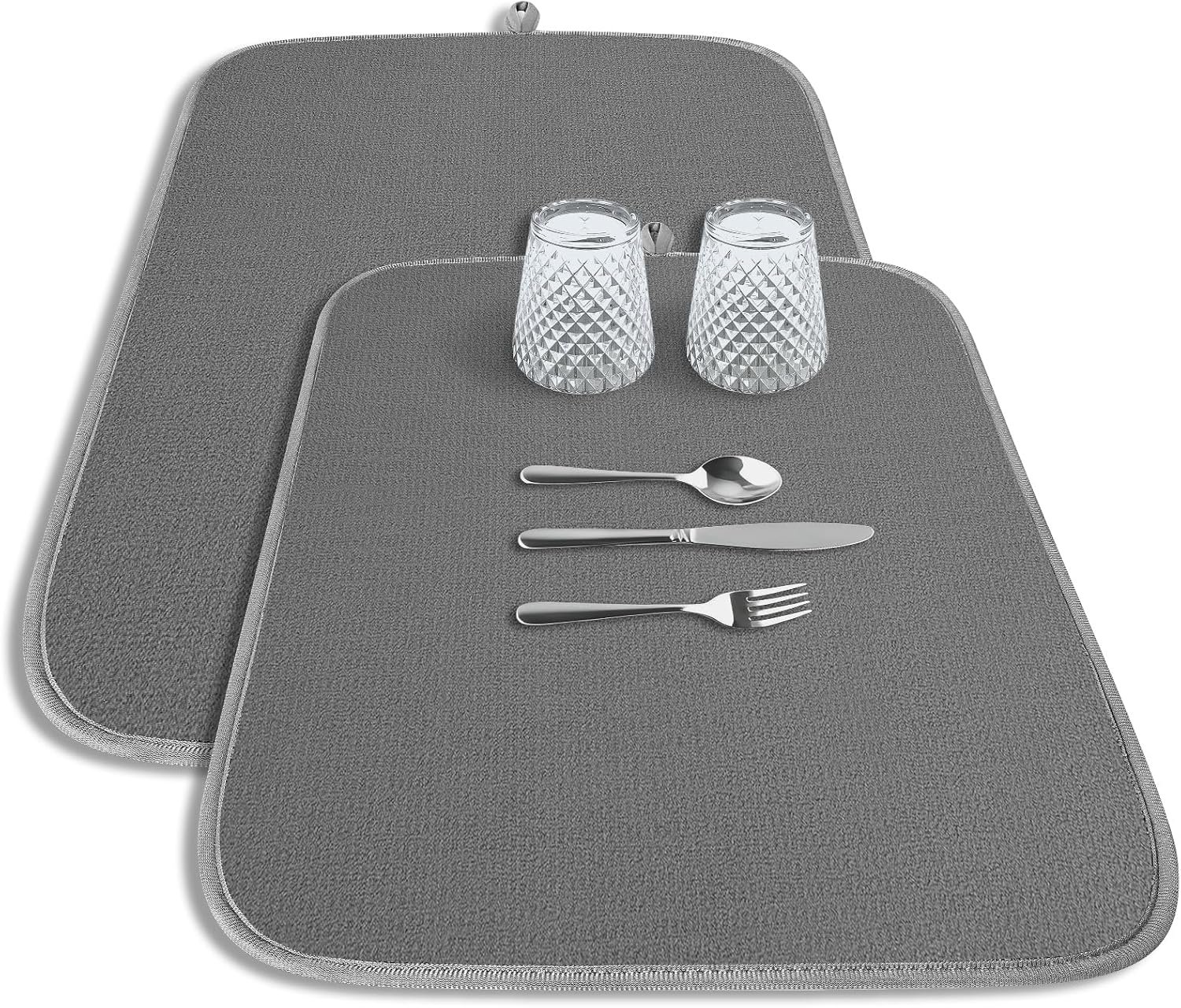 Kitsure 2 Pack Dish Drying Mat for Kitchen Counter, 20″ x 14″, Dark Grey | Microfiber, 3-Layer Ultra Absorbent Pad, Machine Washable kitchen mat with a Hanging Hook, Dish Drainer Mat