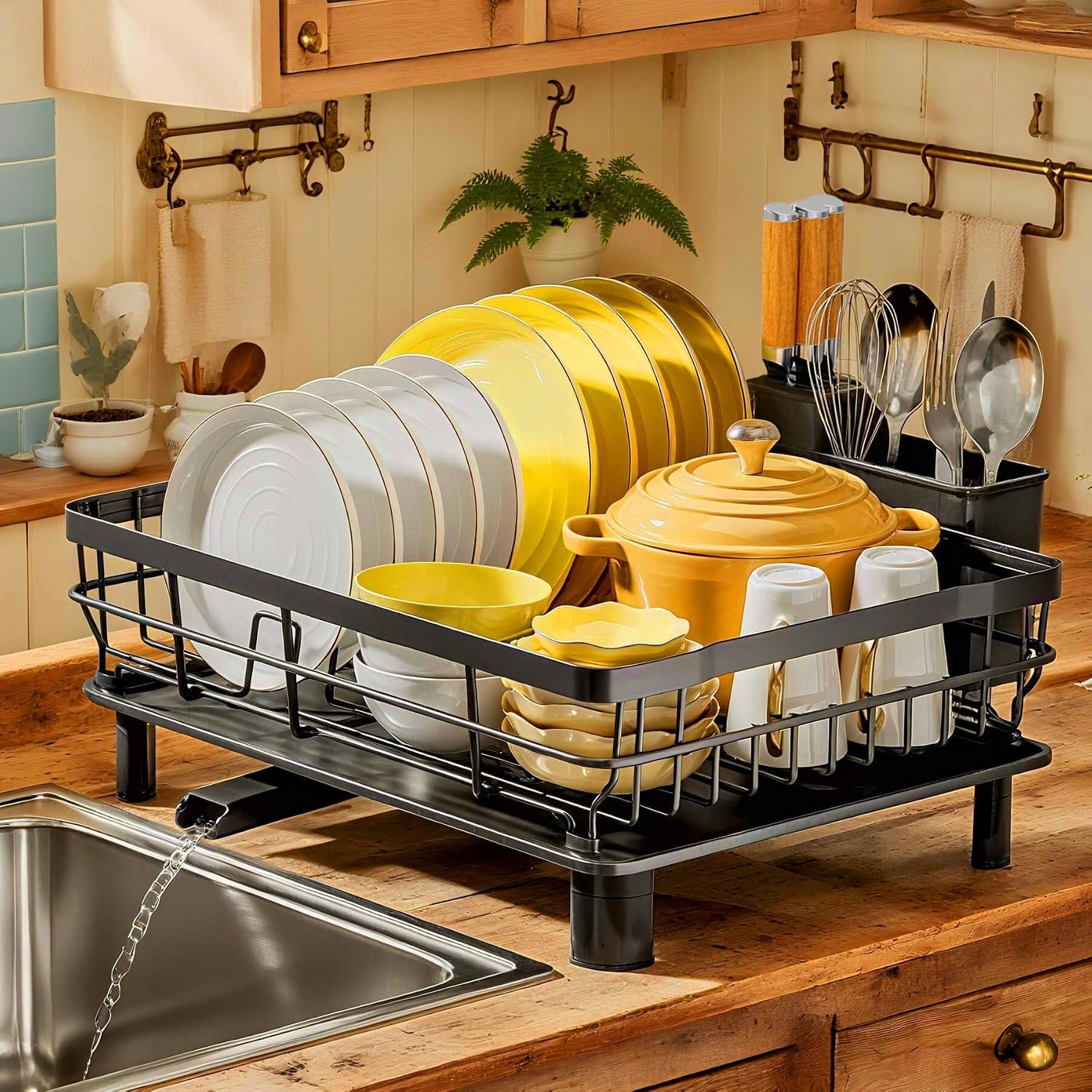 MOUKABAL Dish Drying Rack with Drainboard for Kitchen Counter, Black | 13×17 Large Capacity/Rustproof Stainless Steel/Fast Drainage Dish Drainer/Removable Utensil Holder/Kitchen Counter Organizer