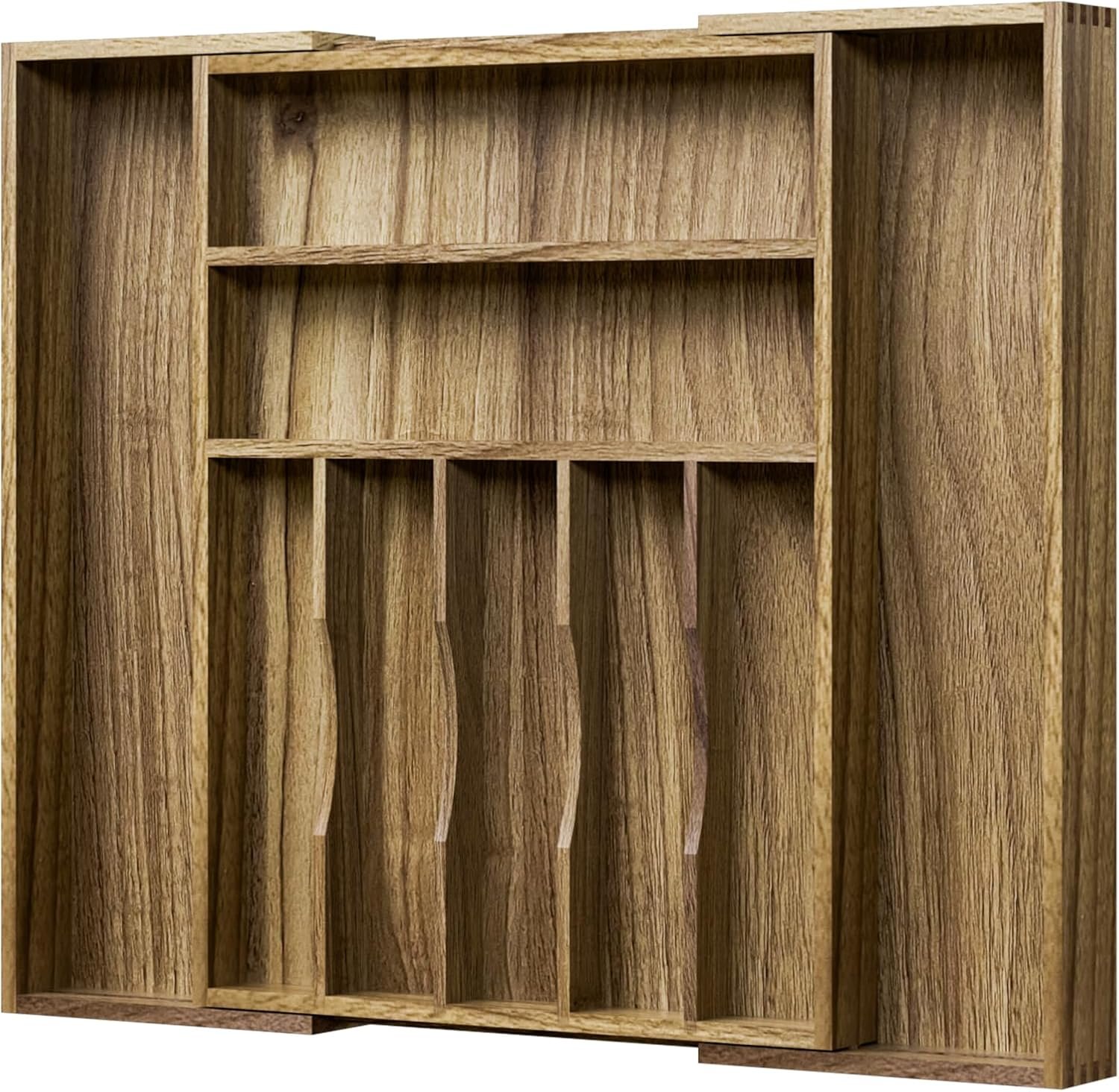 Kiasthome Acacia Wood Kitchen Silverware Drawer Organizer, Expandable Utensil Cutlery Drawer Organizer with Dividers, Flatware Organizer Silverware Tray for Spoon, Fork, 13”-20”x16.9” (7-9 Slots)