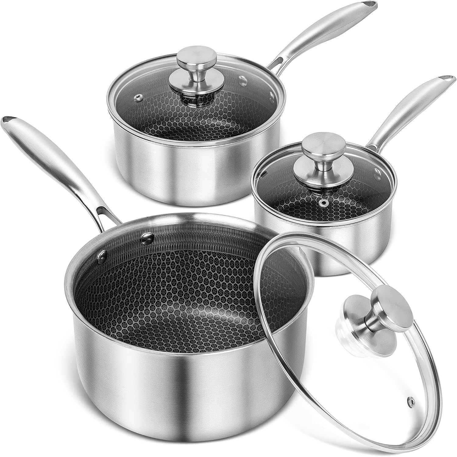 MICHELANGELO Triply Stainless Steel Pot Set, Hybrid Nonstick Saucepan Set with Lids, Induction Compatible Heavy Duty Sauce Pan 1QT & 2QT & 3QT, Honeycomb Interior, Dishwasher Safe Cookware – 6 Piece