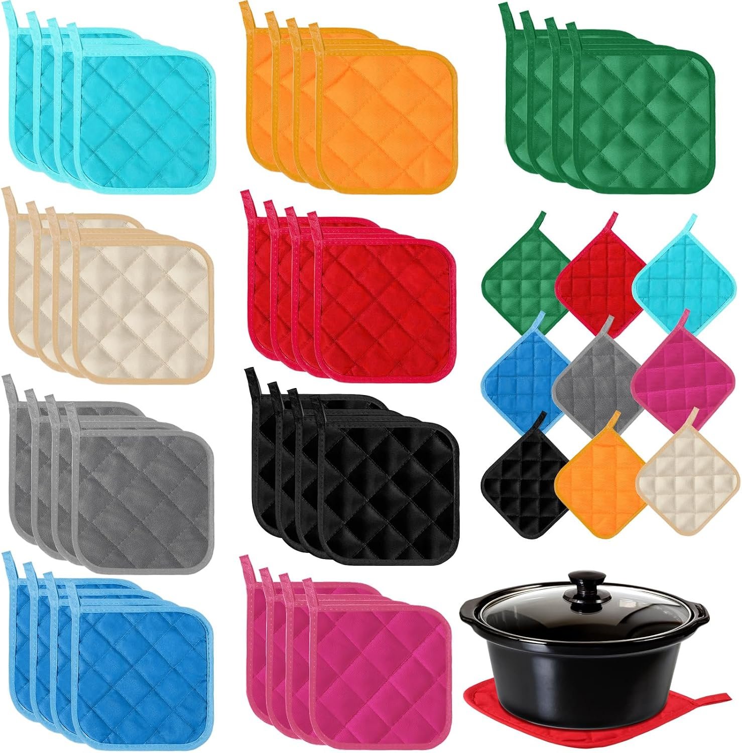 Layhit 36 Pack Square Pot Holders Cotton Heat Resistant Potholders Oven Pot Holders Washable Hot Pads Bulk Machine Washable with Hanging Loops Cloth Coaster Mitts for Cooking Baking 7 x 7 Inch