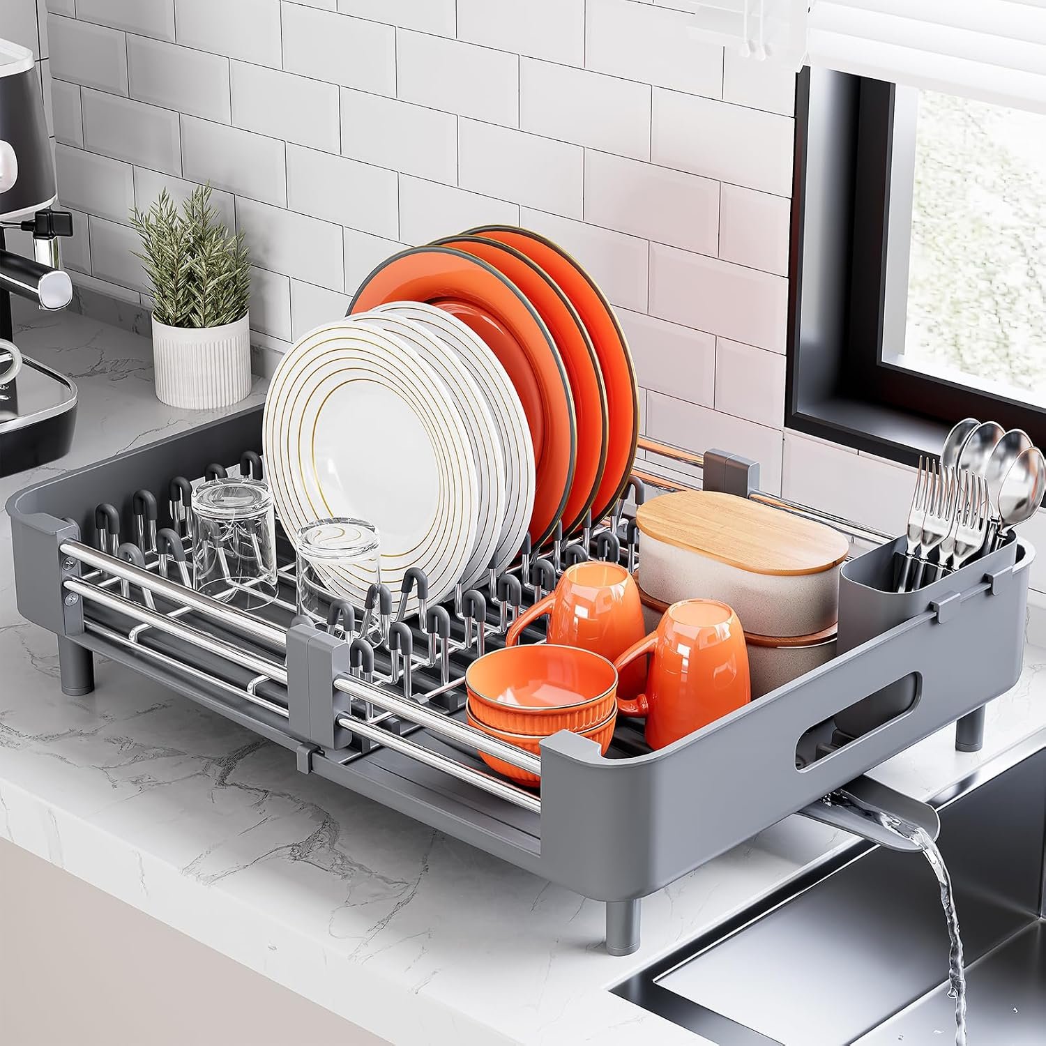 Urackify Extendable Stainless Dish Drying Rack for Kitchen Counter, Gray | 13.78″W x 18.7″L, Foldable Drainboard for Space Saving, Knife and Utensil Holder, Fast-draining Spout