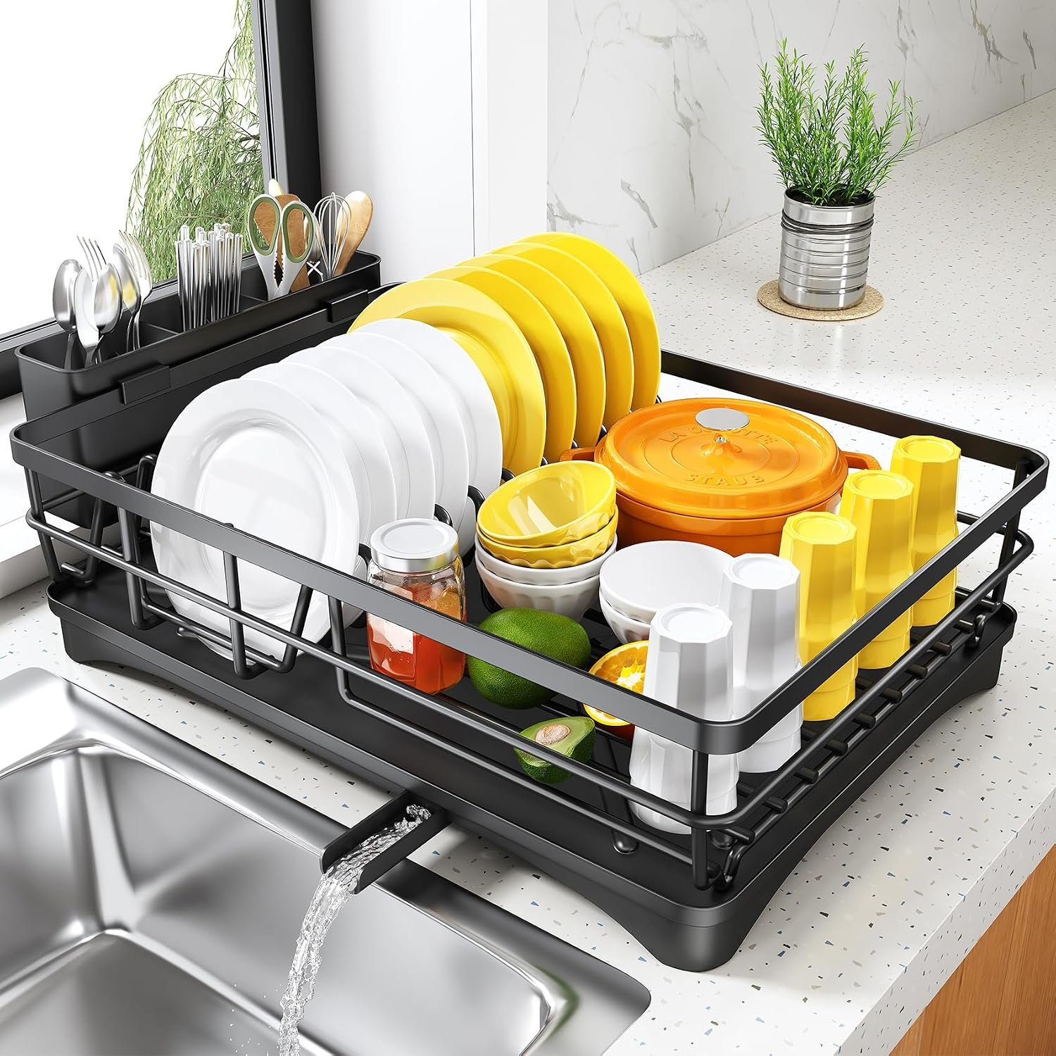 SNTD Dish Drying Rack for Kitchen Counter, 11.8″ W x 16.7″ L, Black | Rustproof Stainless Steel, Large Capacity, Angled Drainboard for Quick Drainage, Rotating Spout, Removable Utensil Holder