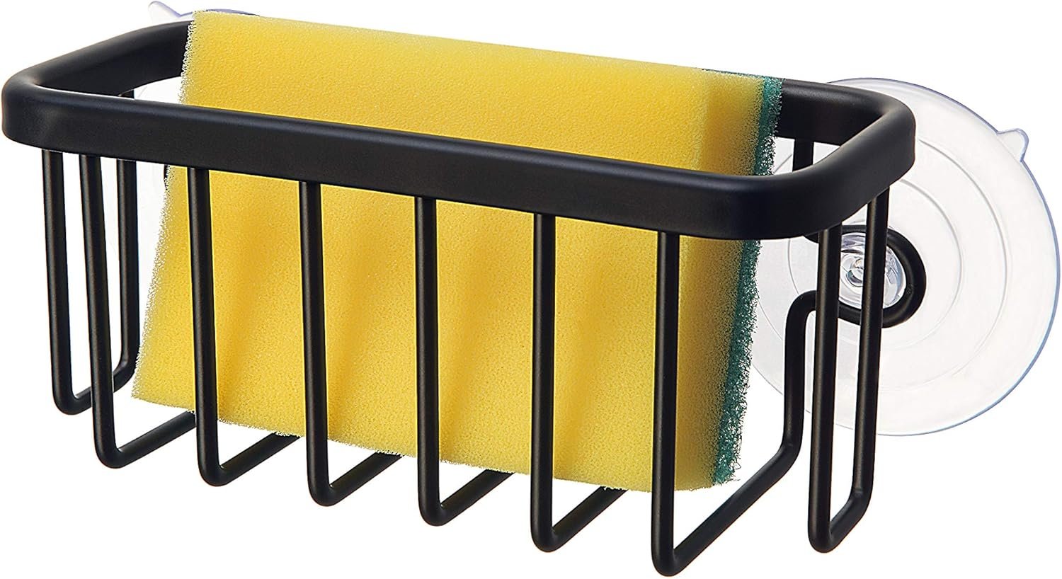 SunnyPoint NeverRust Kitchen & Bathroom Sink Caddy for Sponges, Scrubbers, Soap, 6″ x 2.5″ x 2.65″, with Adhesive Mount – Additional Suction Cup Included –Aluminum (Black)