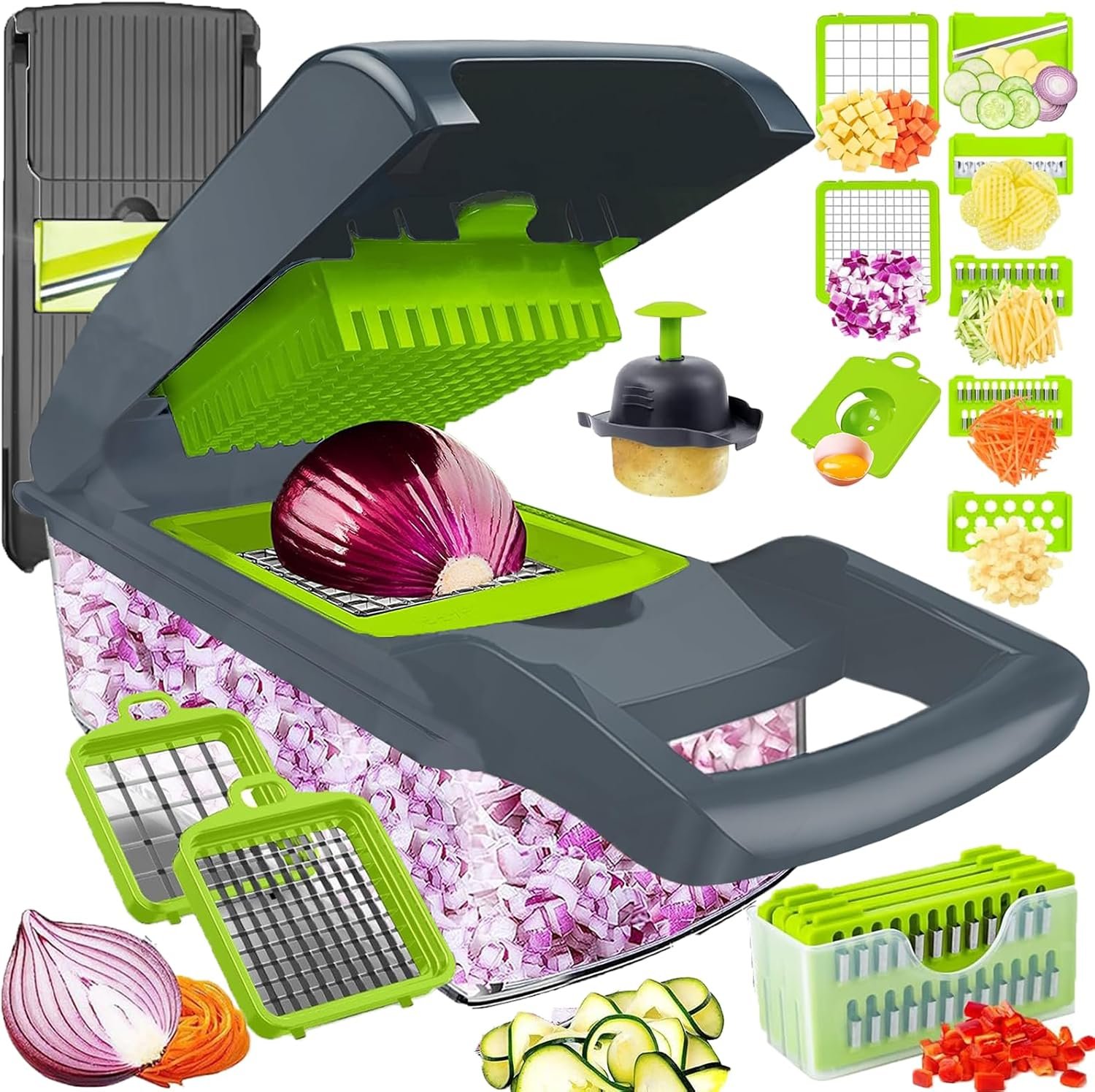 Vegetable Chopper Dicer with Container | Cheese Grater Mandoline Slicer Cabbage Shredder French Fry Cutter Stainless Steel for Veggie Onion Potato Fruit Food, Manual Hand Cooking Gadget for Kitchen | Pro-Series Veggie Cutter with Container for Food Onion Fruit Salad Potato Christmas Gift House Cooking Supply Tool Item