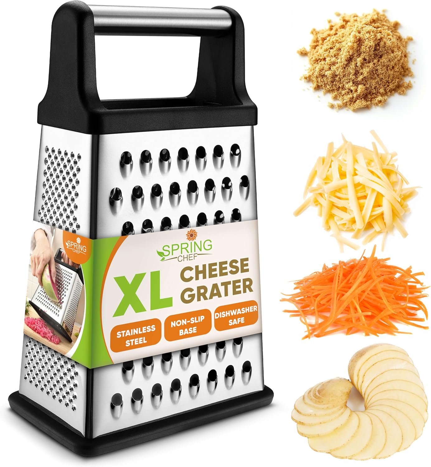 Spring Chef Stainless Steel XL Cheese Grater for Kitchen, Black | 4 Sided Manual Metal Box Grater for Carrot, Potato, Parmesan, Cheese Shredder, Professional Vegetable Grater, Dishwasher Safe
