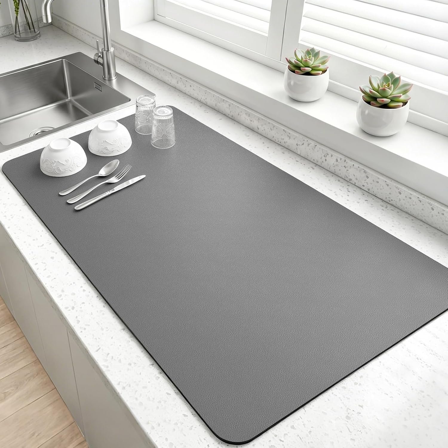 LOPNUR Extra Large Dish Drying Mat for Kitchen Counter, 31.5″x17″, Grey | Coffee Mat and Dish Drying Pad with Super Absorbent Diatomite Core, Quick-Drying & Heat-Resistant Surface, Non-Slip Backing