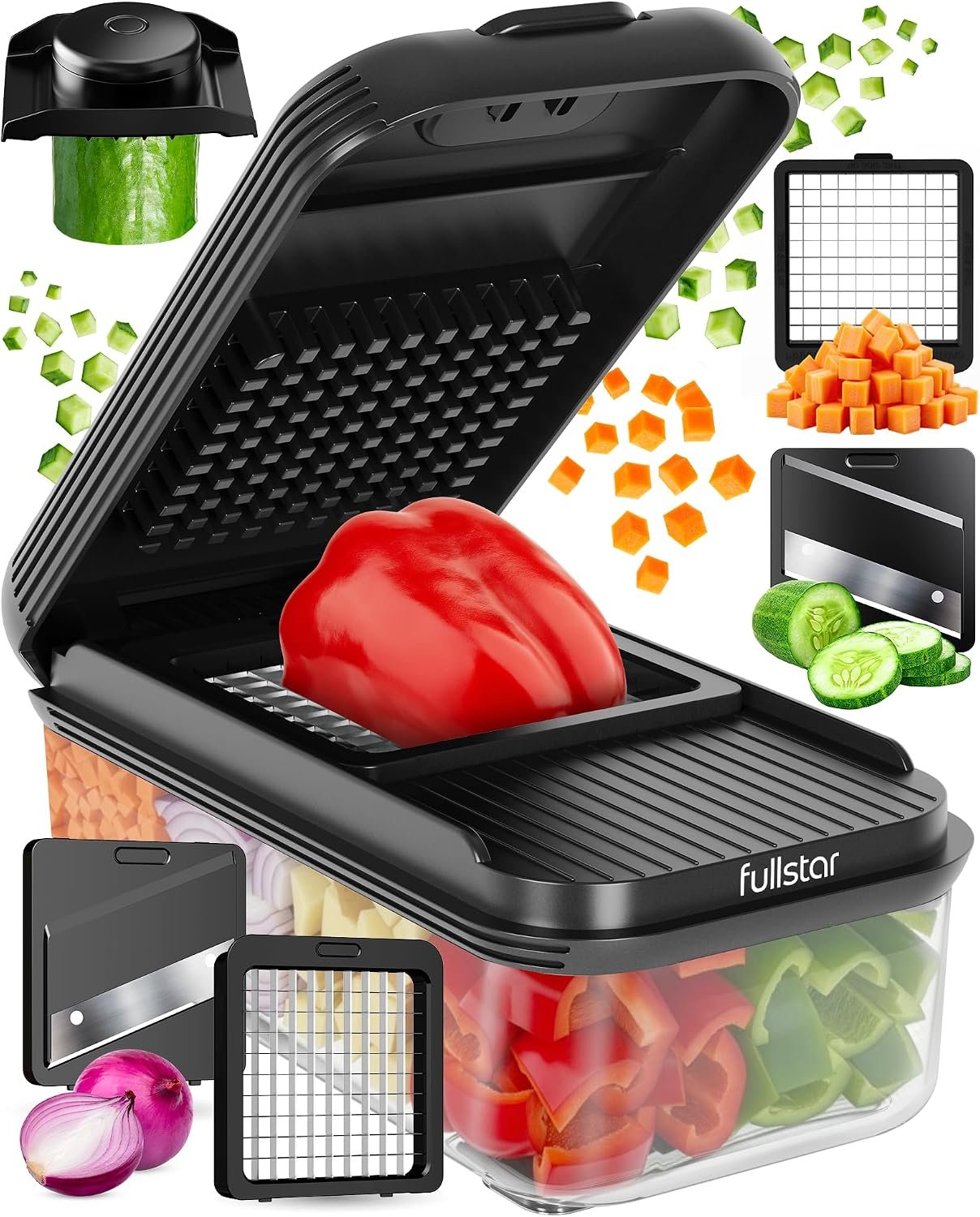 Fullstar Essential Vegetable Chopper & Mandoline Slicer | 2 in 1 Compact Food Chopper, Fruit Slicer & Onion Dicer with Stainless Steel Blades & 3-Cup Container (Black)