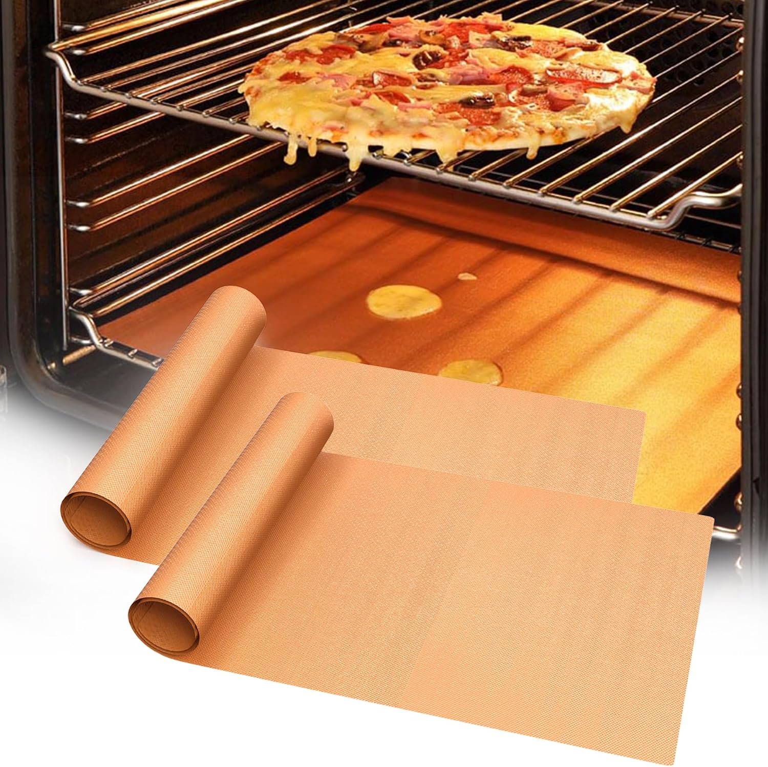 UBeesize 2 Pack Thickened Copper Oven Liners for Bottom of Oven BPA & PFOA Free, Reusable 16×24 Inch Heavy Duty Non Stick Teflon Oven Mats, Fit Electric Gas Toaster Convection Microwave Ovens Grills