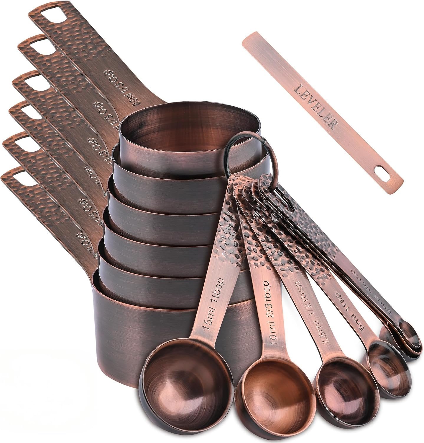 Measuring Cups and Spoons Set 14, Copper Measuring Cups and Spoons Set for Dry & Liquid, Metric & US Stainless Steel 6 Measure Cups and 7 Spoons Set w/Leveler for Kitchen & Baking