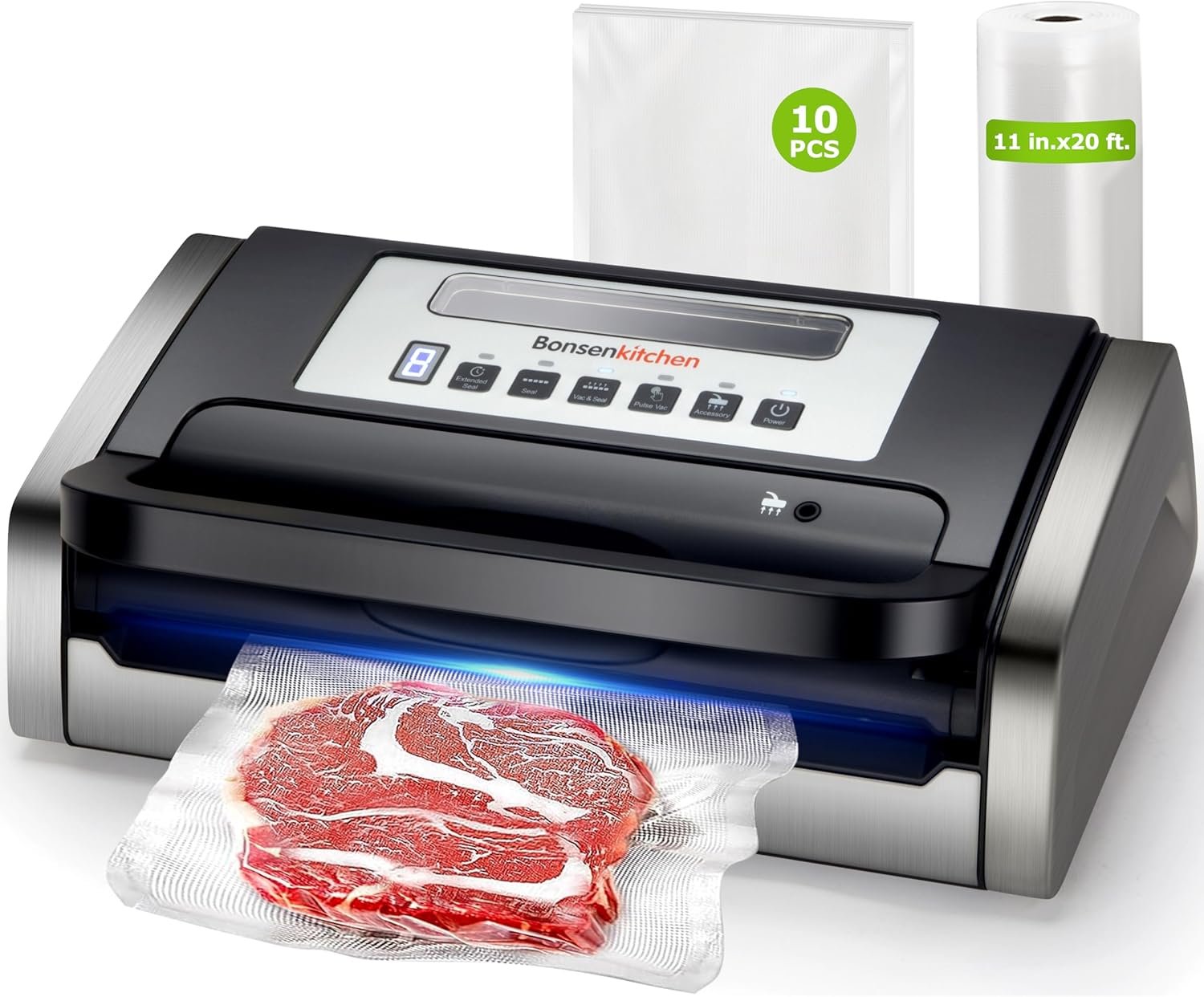 Bonsenkitchen Vacuum Sealer Machine, Globefish Technology for Perfect Vacuum Sealing, Powerful Low-Noise Food Vacuum Sealer with Easy Handle Design, Built-in Cutter & Bag Storage, 1 Bag Roll & 10 Bags | Powerful Suction Food Vacuum Sealer, Low-Noise, Fast Continuous Sealing for Bulk Buy, Built-in Cutter & Bag Storage, Black