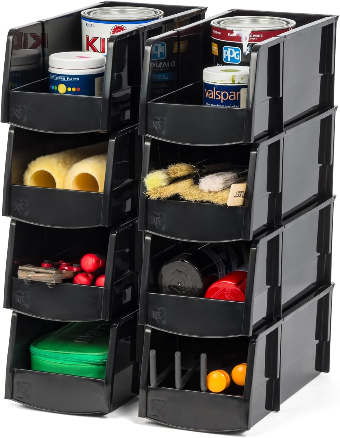 IRIS USA 8-Pack, Large Stackable Storage Bins, Black | Organize small parts, hardware, craft supplies, pantry items, and household essentials with open-front access, stackable bins