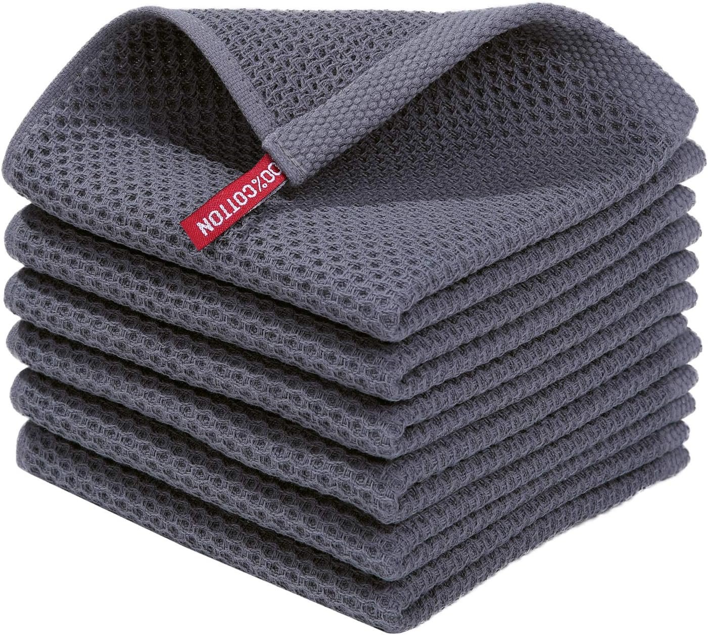 Homaxy 100% Cotton Waffle Weave Kitchen Dish Cloths 6-Pack, Dark Grey | 12 x 12 Inches, Ultra Soft Absorbent Dish Towels, Quick Drying Dish Rags with Hanging Loop