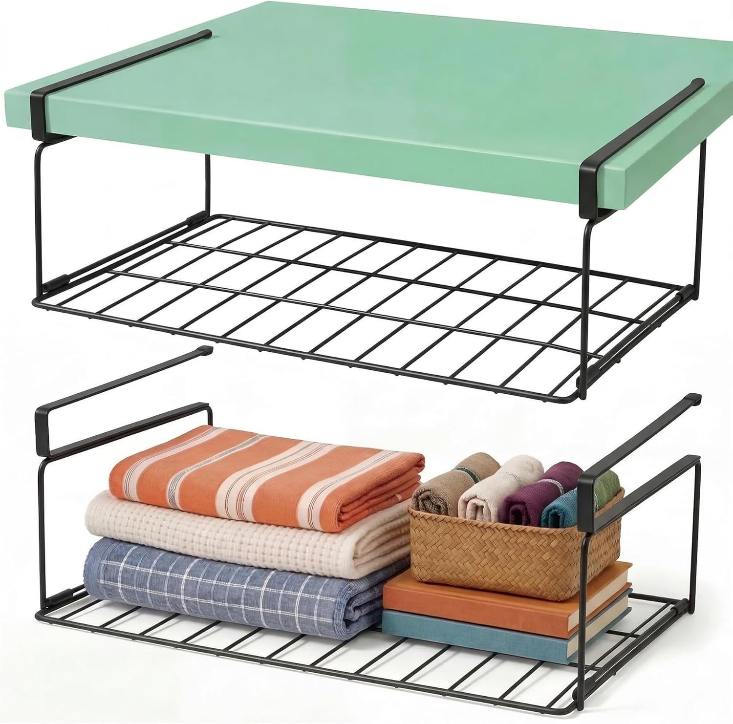 MUNEK Under Shelf Basket Storage Black 2 Pack Space-Saving with Extra Layer Lightweight & Quick to Install Non-Slip16.1″ D x 8.46″ W