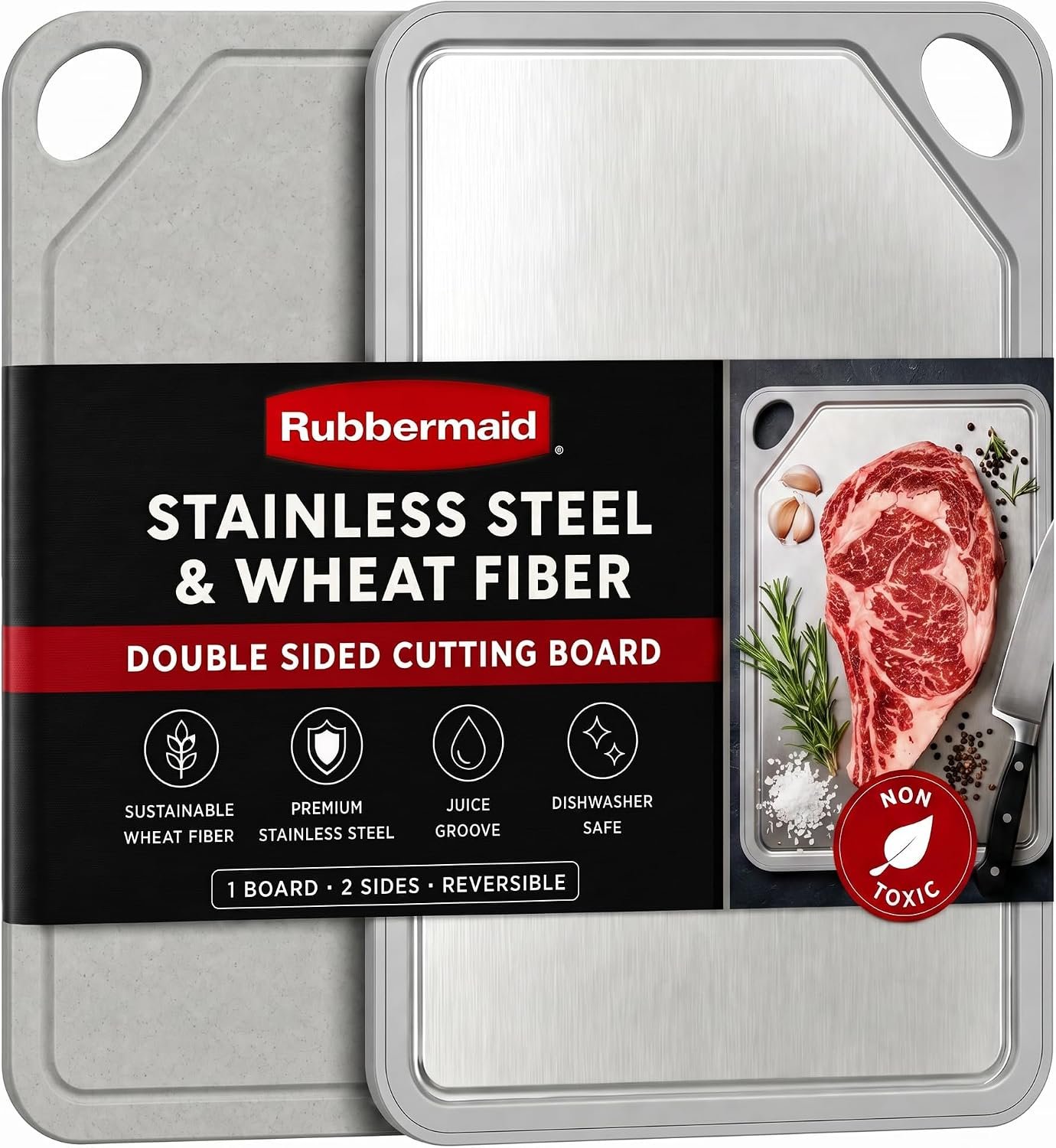 Rubbermaid Stainless Steel Cutting Board, Dishwasher Safe Double Sided Cutting Boards for Kitchen | BPA Free Large Chopping Board for Meat, Veggies & Fruits | Wheat Fiber & Steel Cutting Board