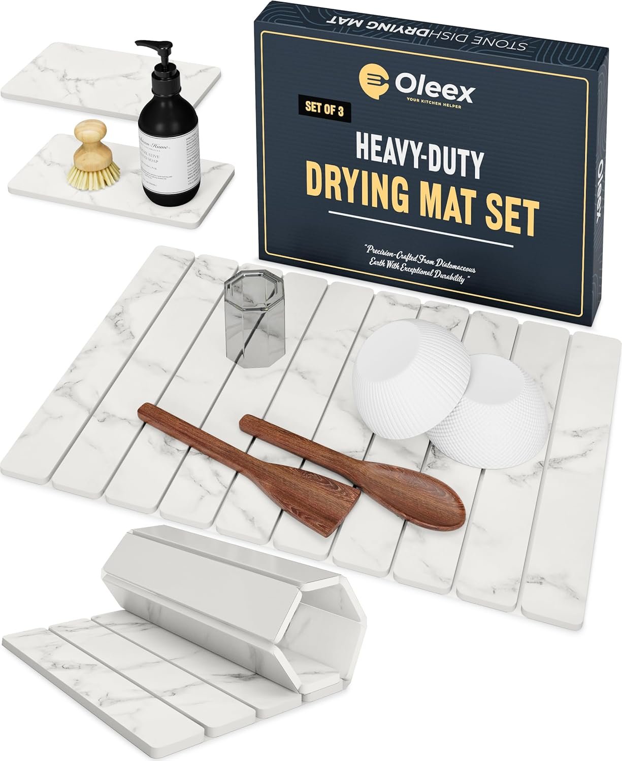 Oleex 3-Pack Stone Dish Drying Mat Set Includes 1 Large 24”x16” & 2 Small 4”x9” for Kitchen Counter-Collapsible Diatomaceous Earth Pad Absorbs Water & Dries Dishes Fast, Non-slip, Odor-Resistant Mats