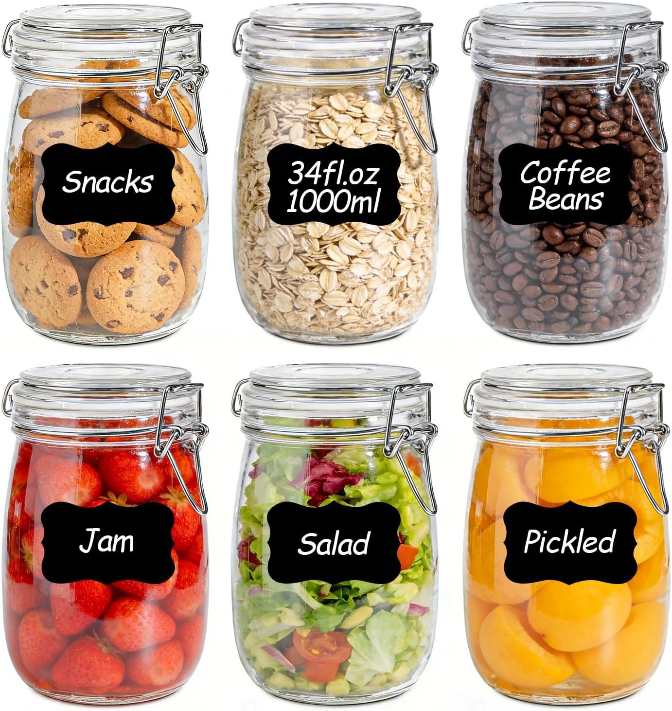 Glass Jars with Airtight Lids 34 oz 6 Pack Food Storage Pantry Round | Leak Proof,BPA-Free,Cereal Flour Sugar Rice Cookies Candy Nuts Snacks Dry Goods Storage, Pantry Organization, Pickling