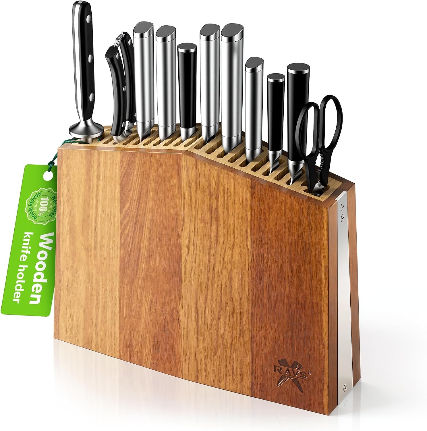 RAVS Universal Knife Block Without Knives, Acacia Wood Universal Knife Holder for Countertop, Kitchen Knife Storage Organizer with Slots for Scissors and Sharpening Rod, 22-Slot Large Capacity