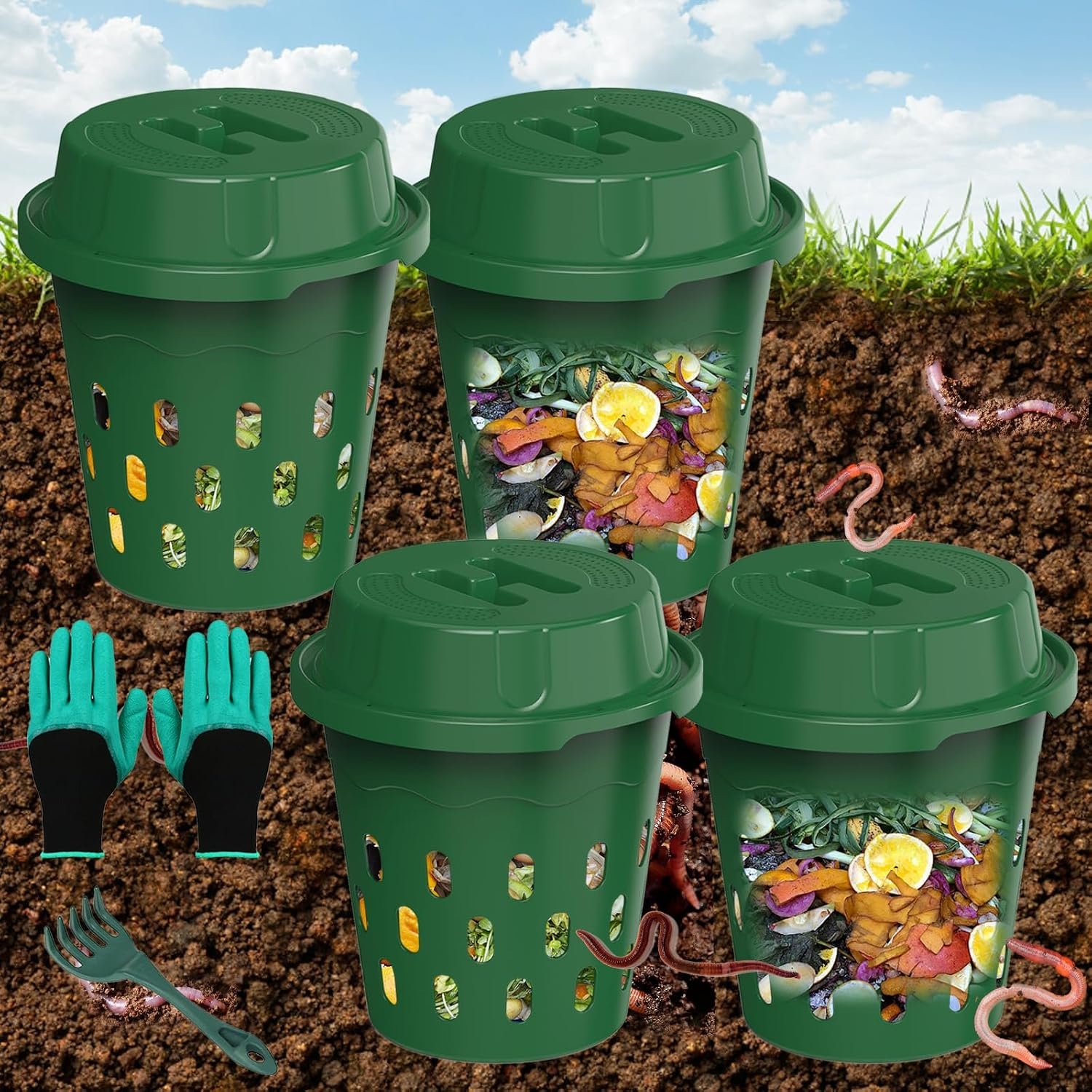 4-Pack Inground Worm Compost Bin, Worm Composter for Beginners,8L | Underground Worm Farm, Garden Beds & Home Use for Kitchen Food Waste, 9.5×9.5×10.8Inch, Green