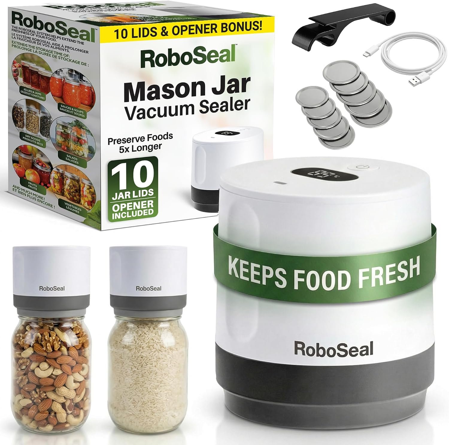 RoboSeal Rechargeable Mason Jar Vacuum Sealer with 10 Lids, | Works on Wide & Regular Mouth Jars, Auto Stop One Touch Operation, Digital Battery Indicator, Jar Opener Included