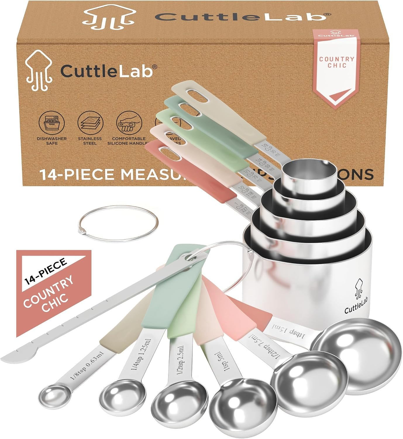 Measuring Cups and Measuring Spoons Set of 14 – Stainless Steel Measuring Cups and Spoons Set, Includes 1/8 Teaspoon Measuring Spoon, 1/8 Cup Measuring Cup, Leveler Dry (14, Country Chic)