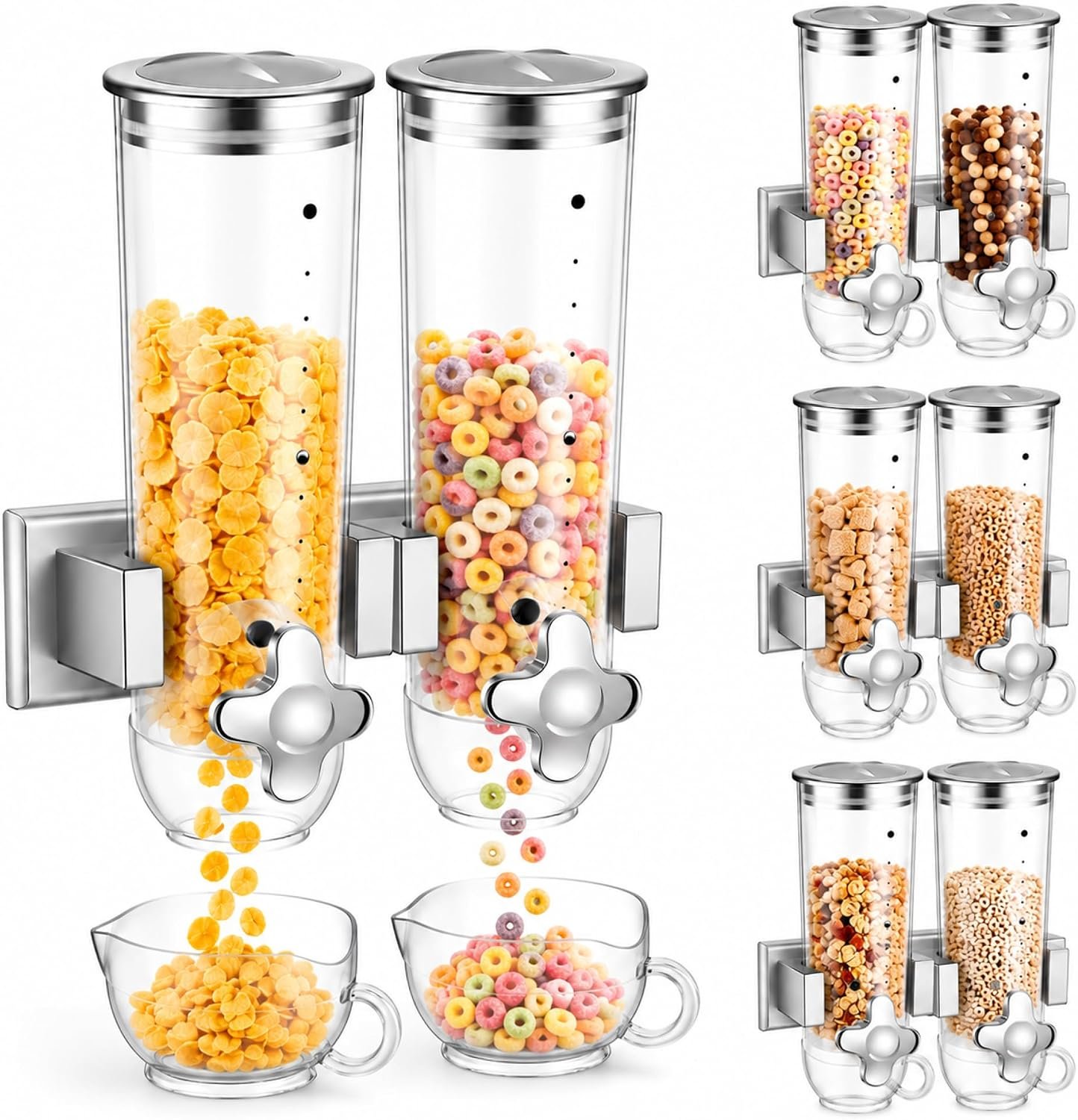 Huwena 4 Sets Cereal Containers Storage,3L Each Set Wall Mounted Cereal Dispenser Dry Food Dispenser Grain Storage Dispenser for Candy Oatmeal Coffee Bean Nuts Food Container (Silver)