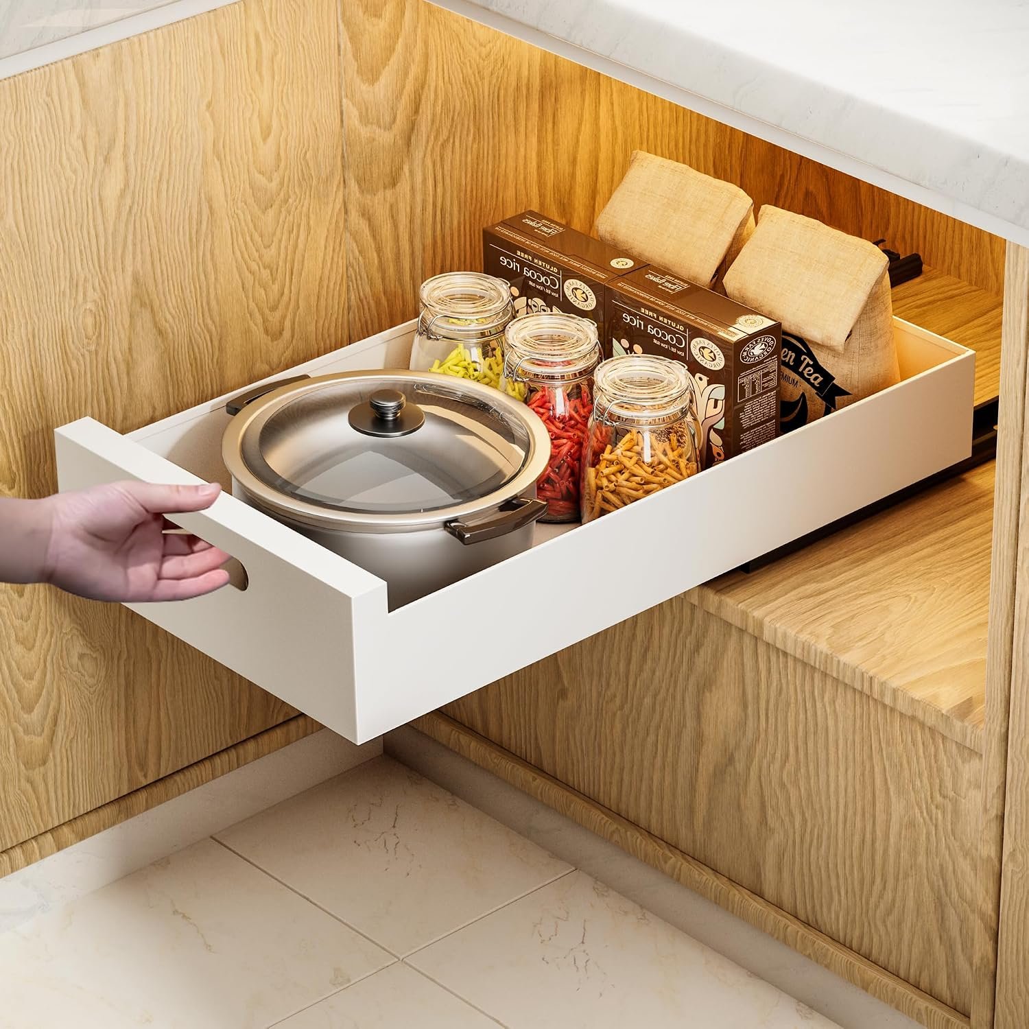 HBL’ 1 Pack | 21″ Deep Pull Out Cabinet Organizer Adhesive, 10-Inch Wide Sturdy Carbon Steel Roll-Out Drawers, Designed for Frameless Cabinets, Slide-Out Shelves for Pantry.