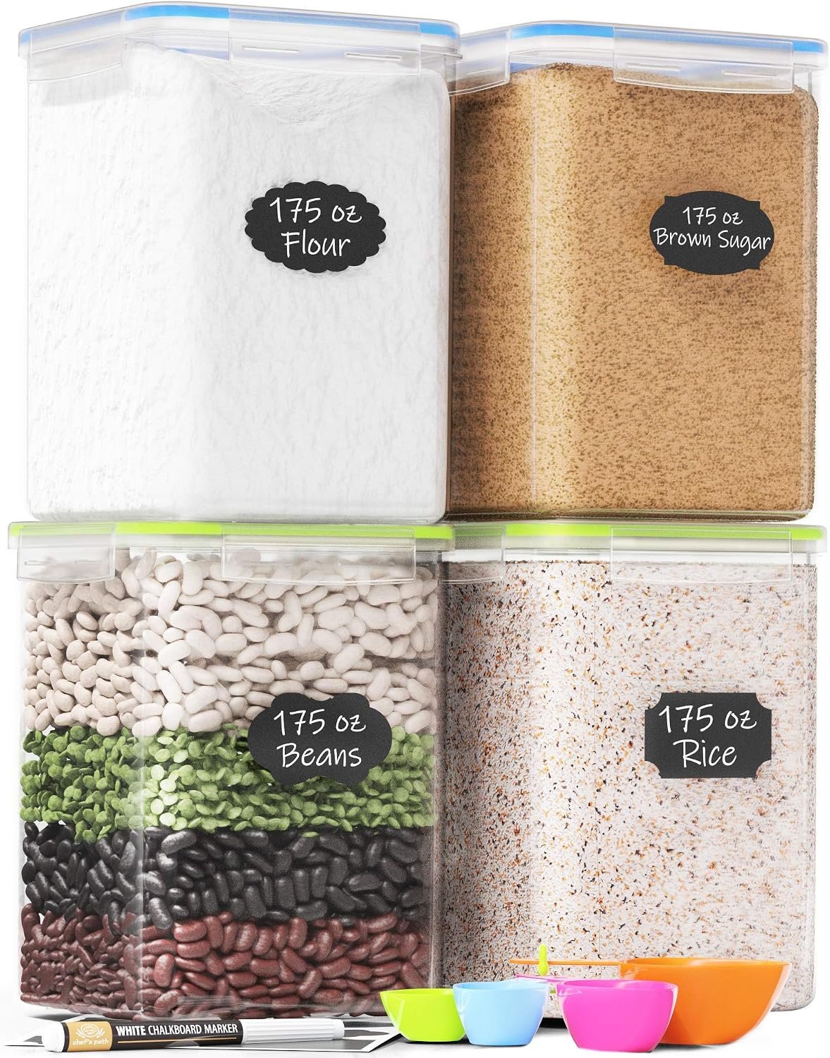 Chef’s Path Kitchen Storage Box Set of 4 Extra Large Airtight Food Storage Jars for Sugar Flour Cereal Rice – Measuring Spoons, Pen and Food Preservation Labels (5.2 L)