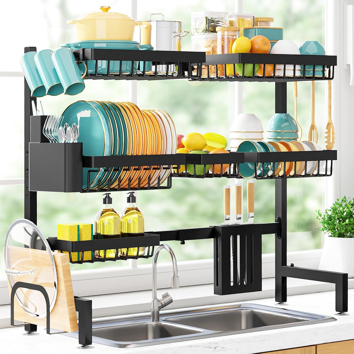 Sakugi Over The Sink Dish Drying Rack – Adjustable 3 Tier XX-Large Capacity Stainless Steel Drainer with Cutlery & Utensil Holders, Kitchen Storage & Organization, 31.5″-39.5″L x 12″W x 30.5″H, Black
