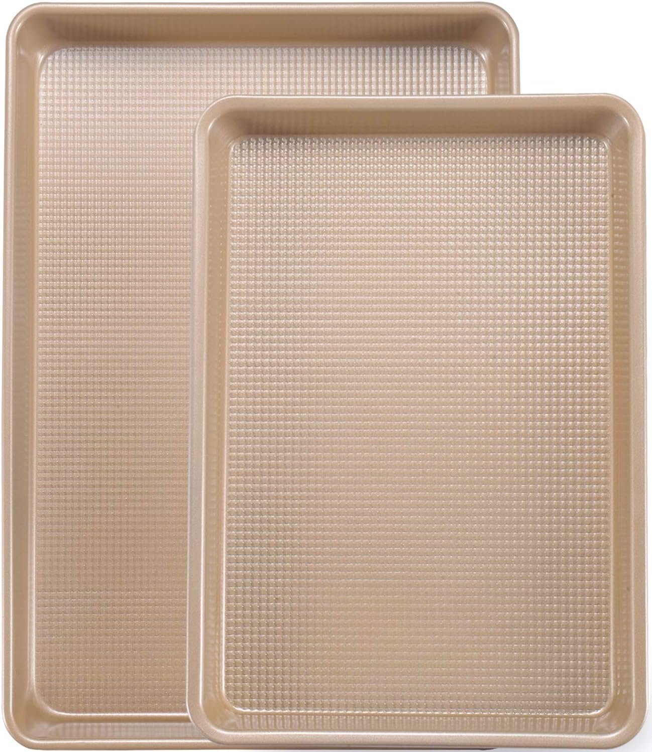 Cookie Sheets for Baking Nonstick, 2 Pack Heavy Duty 0.8mm Baking Sheet Pan Set Quarter(9x13in) & Jelly Roll(10x15in) with Diamond Texture, Gold Commercial Grade, Small Oven Safe