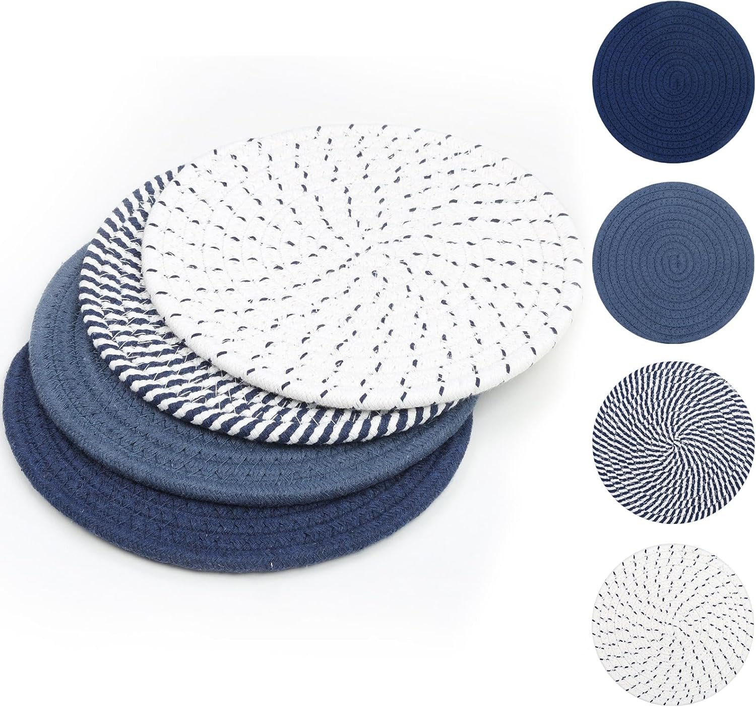SHACOS 8 Inches Trivets for Hot Dishes, 4 Pieces | Cotton Trivets Mats for Kitchen, Hot Pads for Countertops and Table, Heat-Resistant Pot Holders for Hot Pots and Pans, Blue