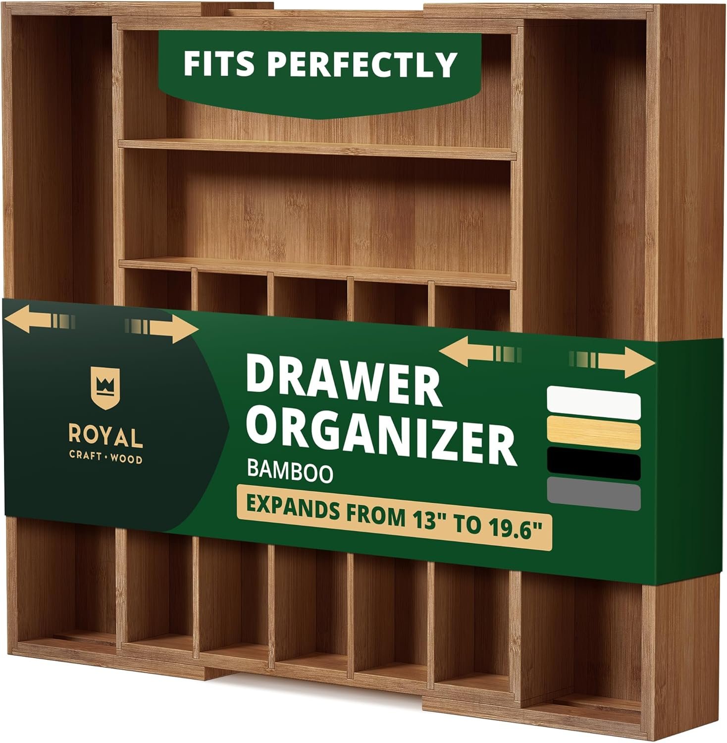 ROYAL CRAFT WOOD Luxury Bamboo Kitchen Drawer Organizer – Silverware Organizer – Utensil Holder and Cutlery Tray with Grooved Drawer Dividers for Flatware and Kitchen Utensils (9 Slot, Brown Bamboo)