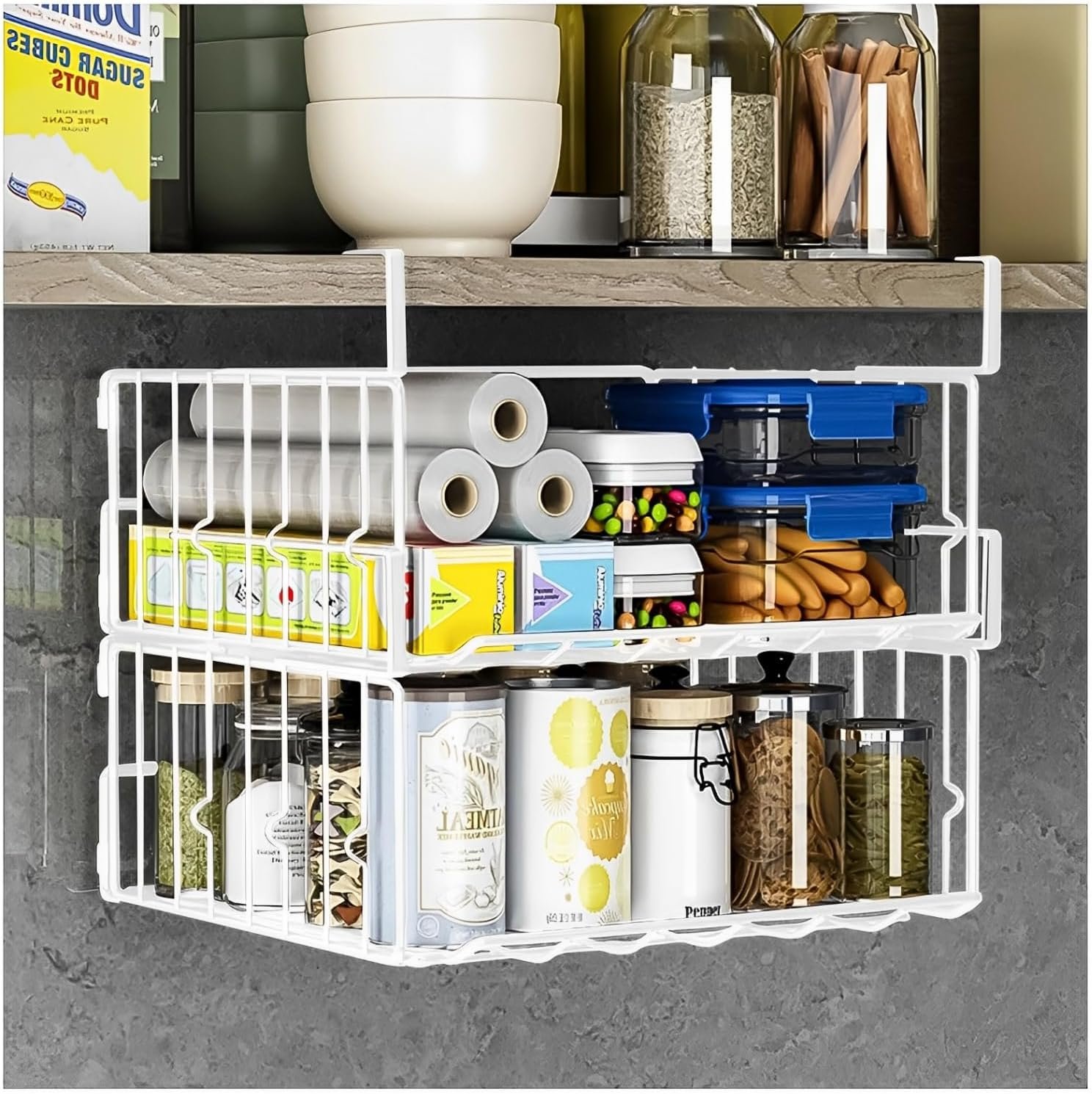 Under Shelf Basket Storage 2Pack – 12.6in Metal Under Cabinet Shelf, Hanging Wire Basket Shelves, Undershelf Storage Basket for Kitchen Pantry Bookshelf