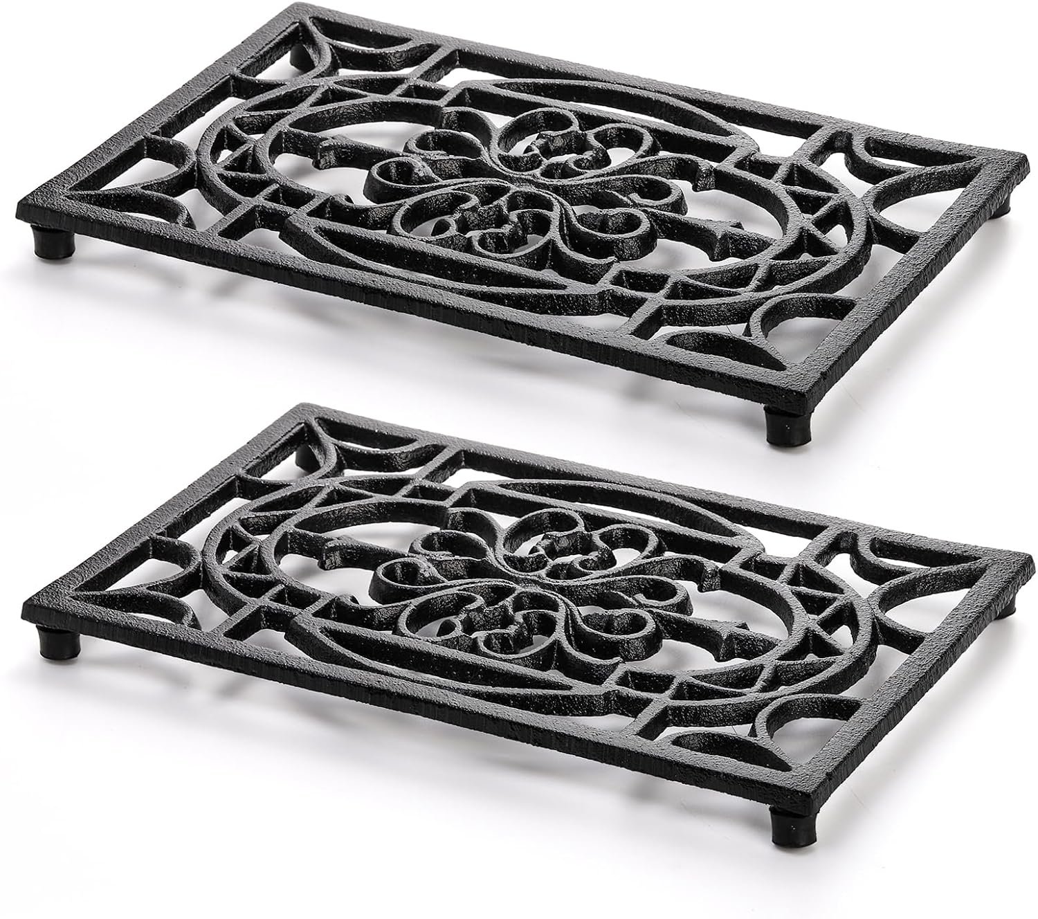 Fasmov 2 Pack Rectangle Cast Iron Trivet, 9.4 x 6.2 Inch Heat Resistant Trivet for Hot Dish Pot Pan Plate Teapot, Decorative Trivet with Rubber Feet, Pot Holders for Kitchen Dining Countertop Table