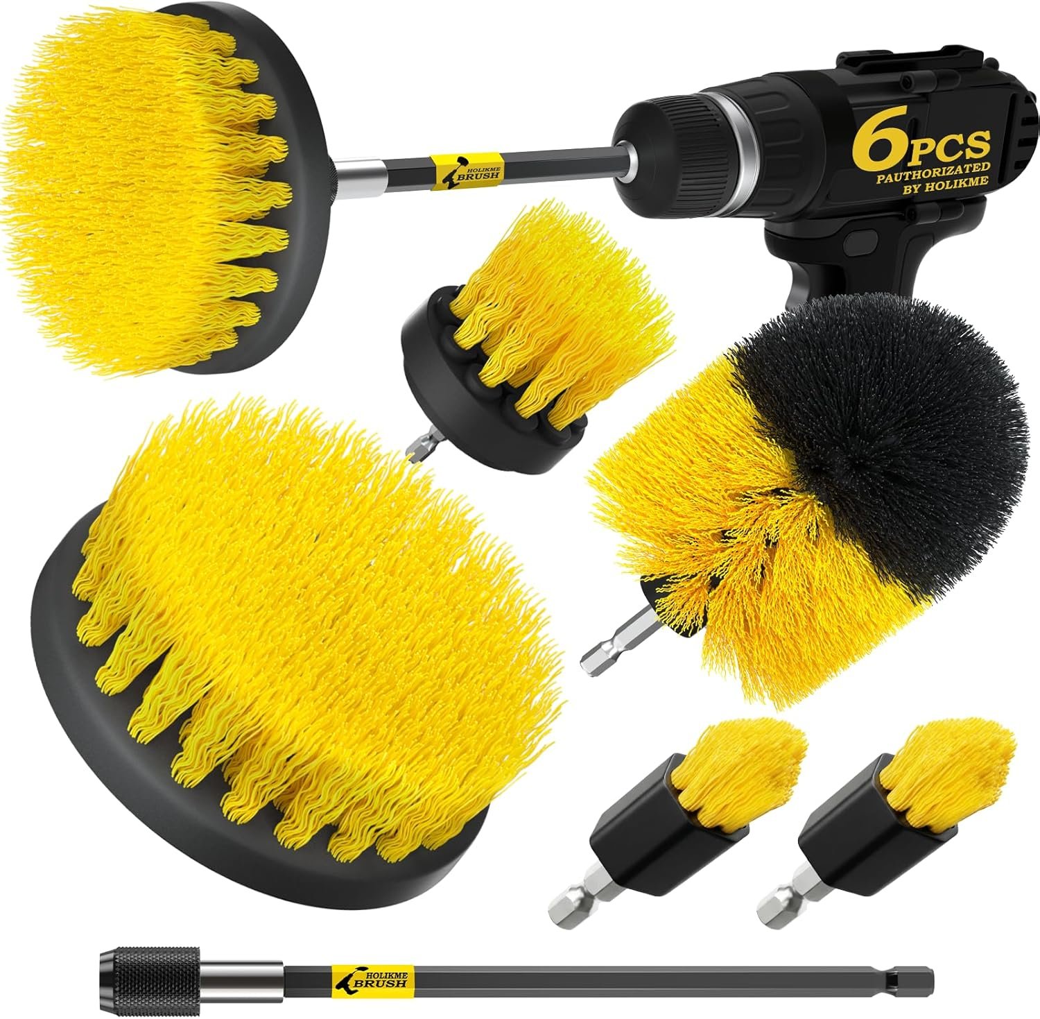 Holikme 6Pc Drill Brush Set – Soft Bristles with Extension for Home Clean | 5 Head Sizes, Yellow Nylon Fibers, Power Scrubber Attachments for Tile, Tub, Shower, Floors, Kitchen and Auto Interior Care