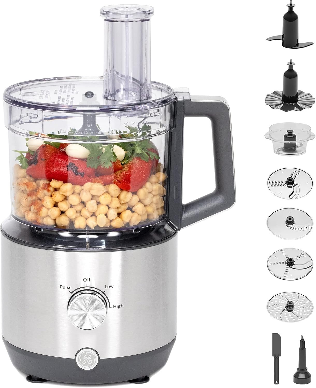 GE Food Processor, Large 12-Cup Vegetable Chopper for Shredding, Mincing, Dicing & Kneading Dough, 9 Stainless Steel Accessories, 550W Motor, 3 Speed, Dishwasher Safe