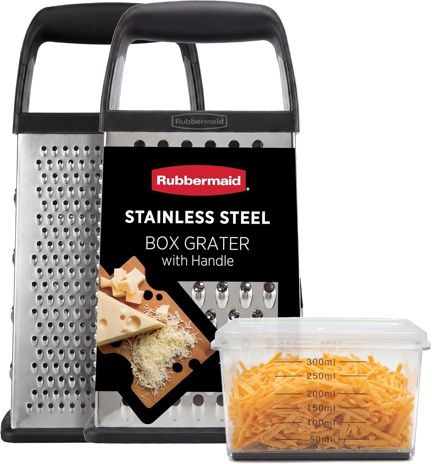 Rubbermaid EZ Grip Box Grater, Stainless Steel Cheese Grater & Container – BPA Free Multi-Surface Cheese Shredder & Food Grater for all Vegetables | Graters for Kitchen -Non-Slip Base, Dishwasher Safe