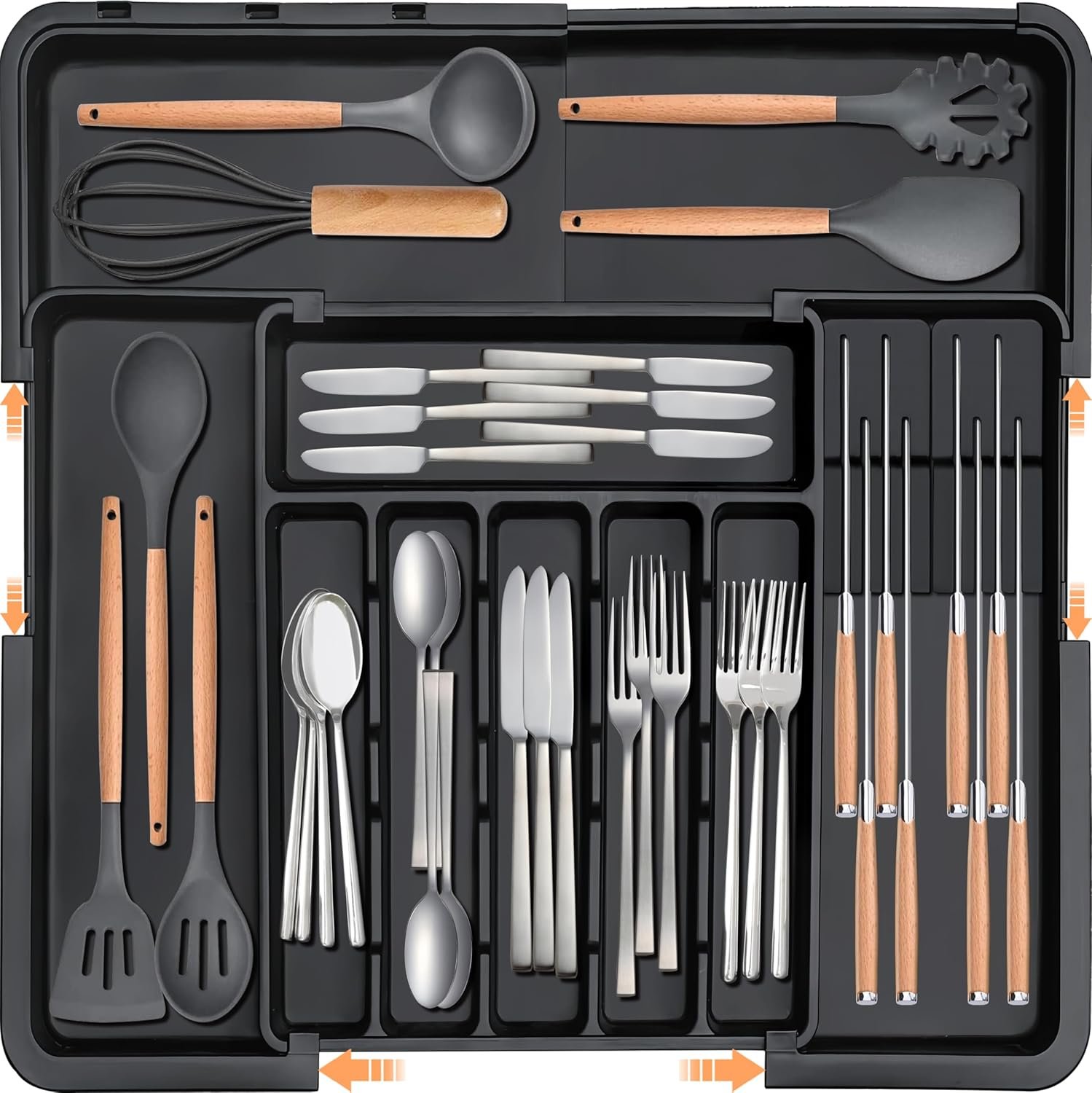 Homecor Silverware Organizer – Expandable Large Kitchen Drawer Organizer Utensil Organizer with 2 Removable Knife Blocks, 22″x 19″Cutlery Tray Drawer Dividers for Kitchen Flatware(6-9 Slots) (Black)