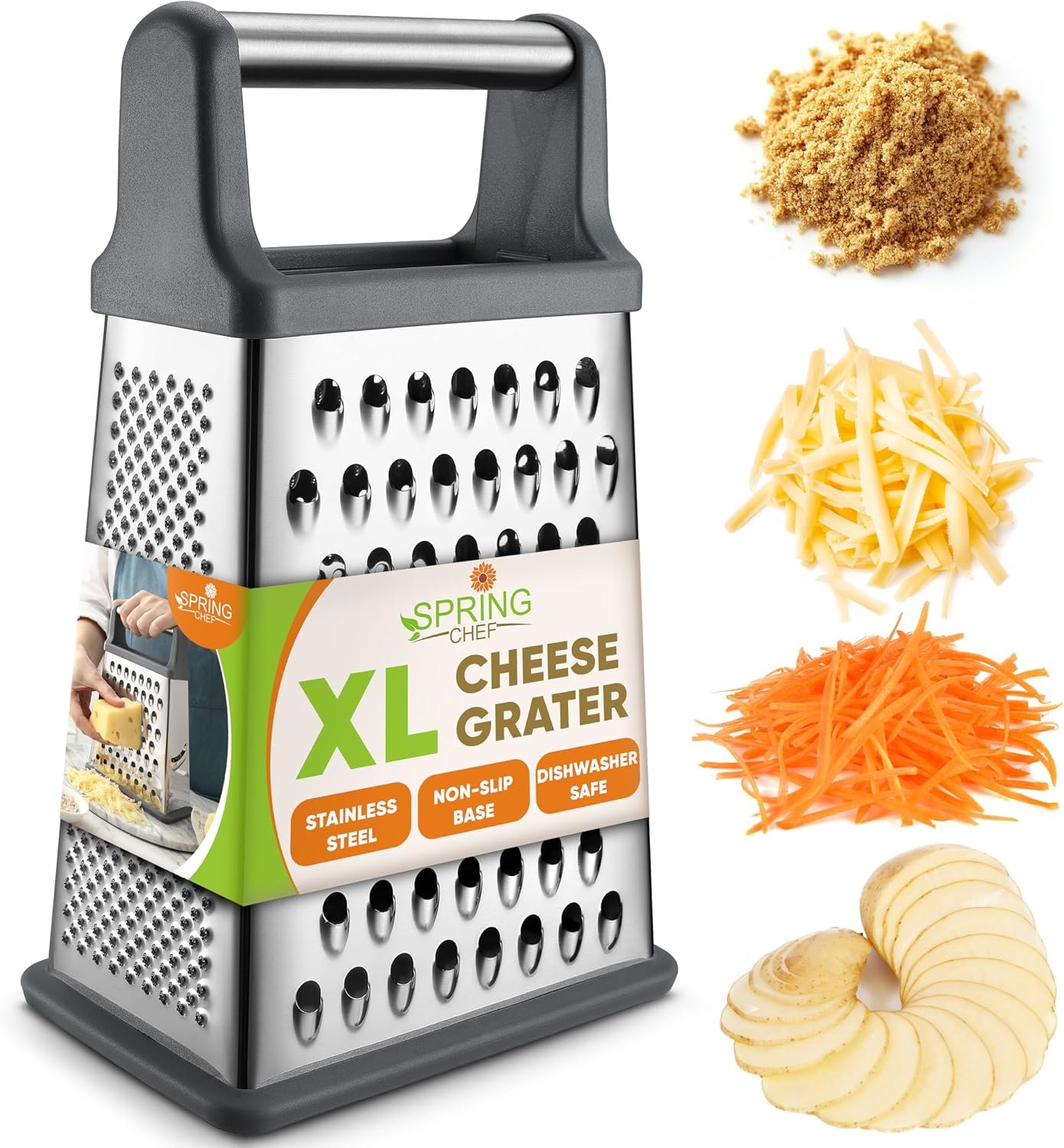 Spring Chef Stainless Steel XL Cheese Grater for Kitchen, Gray | 4 Sided Manual Metal Box Grater for Carrot, Potato, Parmesan, Cheese Shredder, Professional Vegetable Grater, Dishwasher Safe