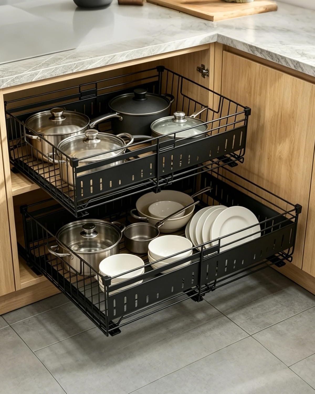 KimHong 2 Pack Pull Out Cabinet Organizer, Expandable Drawer Organizer with Adjustable Width 12.4″-19.5″, Adhesive No Drill Under Cabinet Shelves for Home Kitchen Pantry with Silent Slides