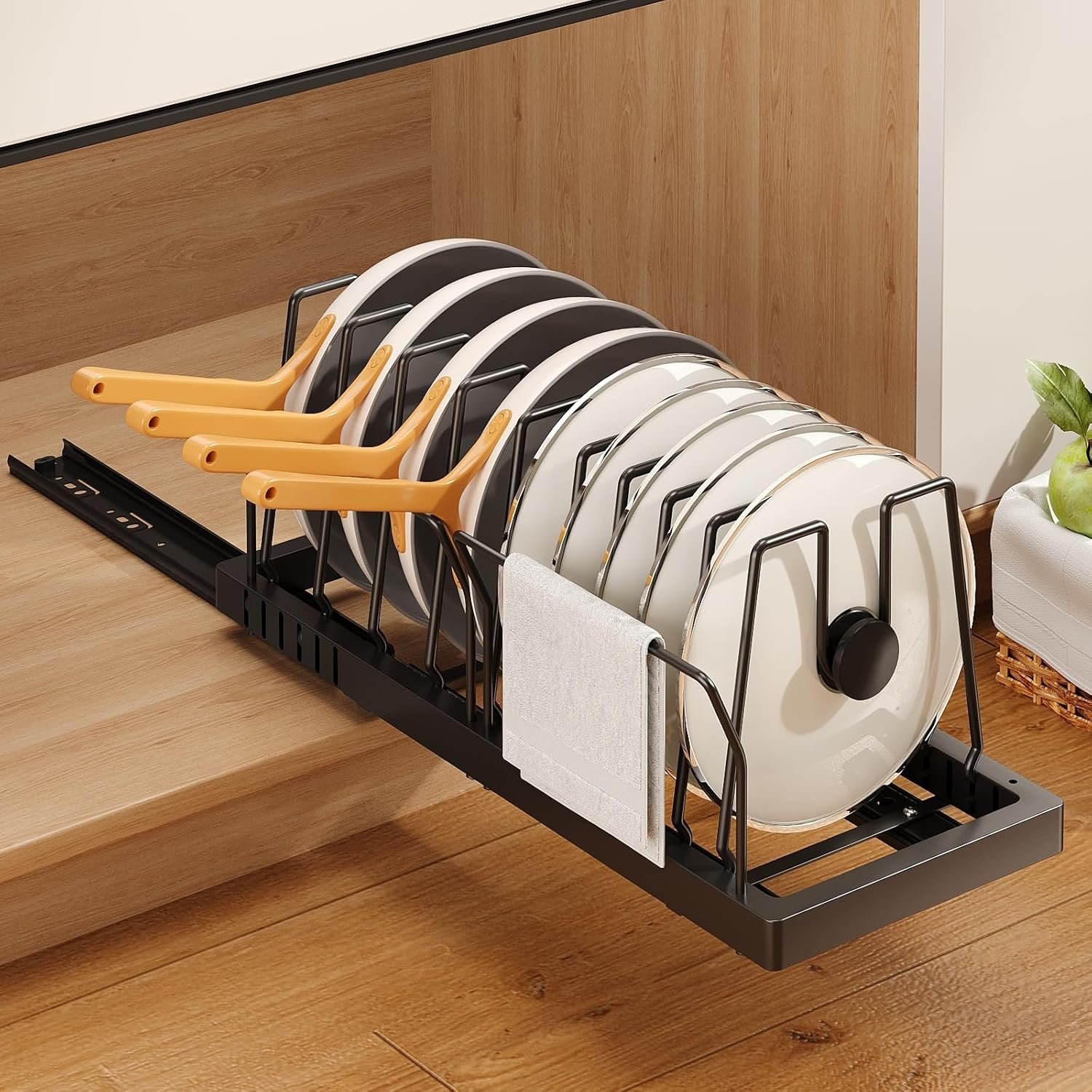 Mustorn Pots and Pans Organizer Under Cabinet, 21.6″ Deep Pull Out Pot Lid Organizer Holder with Guardrail Adhesive Pot and Pan Holder Rack with 10 Adjustable Dividers-1 Pack(Black)