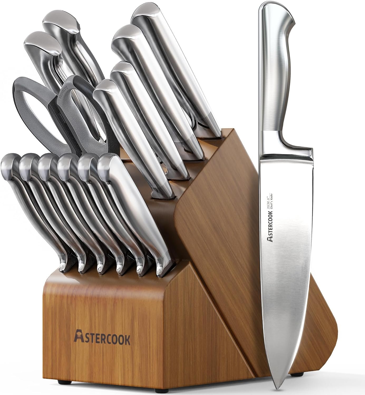 Astercook Knife Set, 15 Piece German Steel Kitchen Knife Set with Built-in Sharpener, One-Piece Knife Block Set Rust-Resistant Dishwasher Safe Block Knives Set for Cooking & Gift (Walnut Brown)